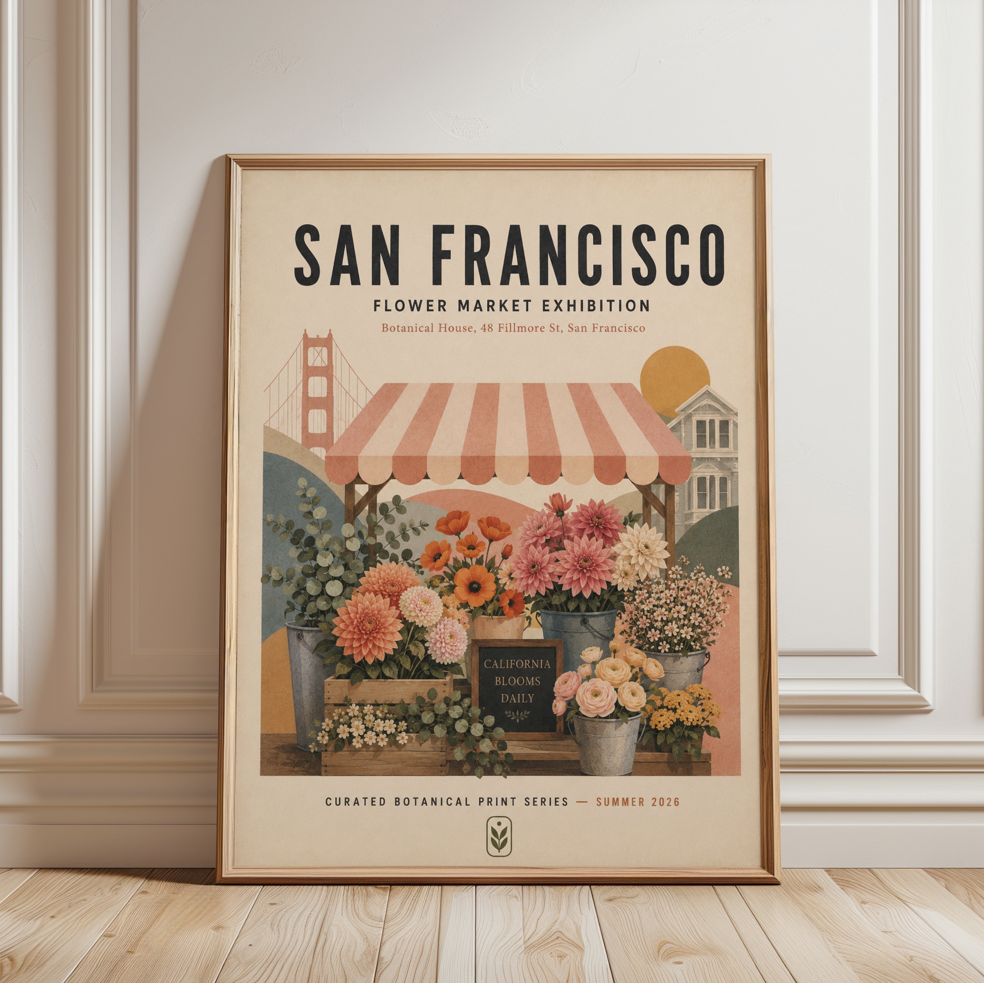 San Francisco Flower Market Print — Vintage Travel Poster Style - framed detail