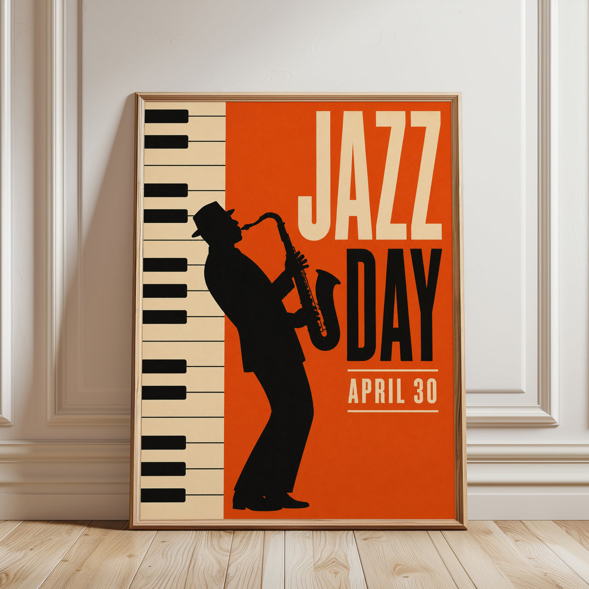 Jazz Day Poster: Retro Music Room Art (Vintage Saxophone Design) - framed detail