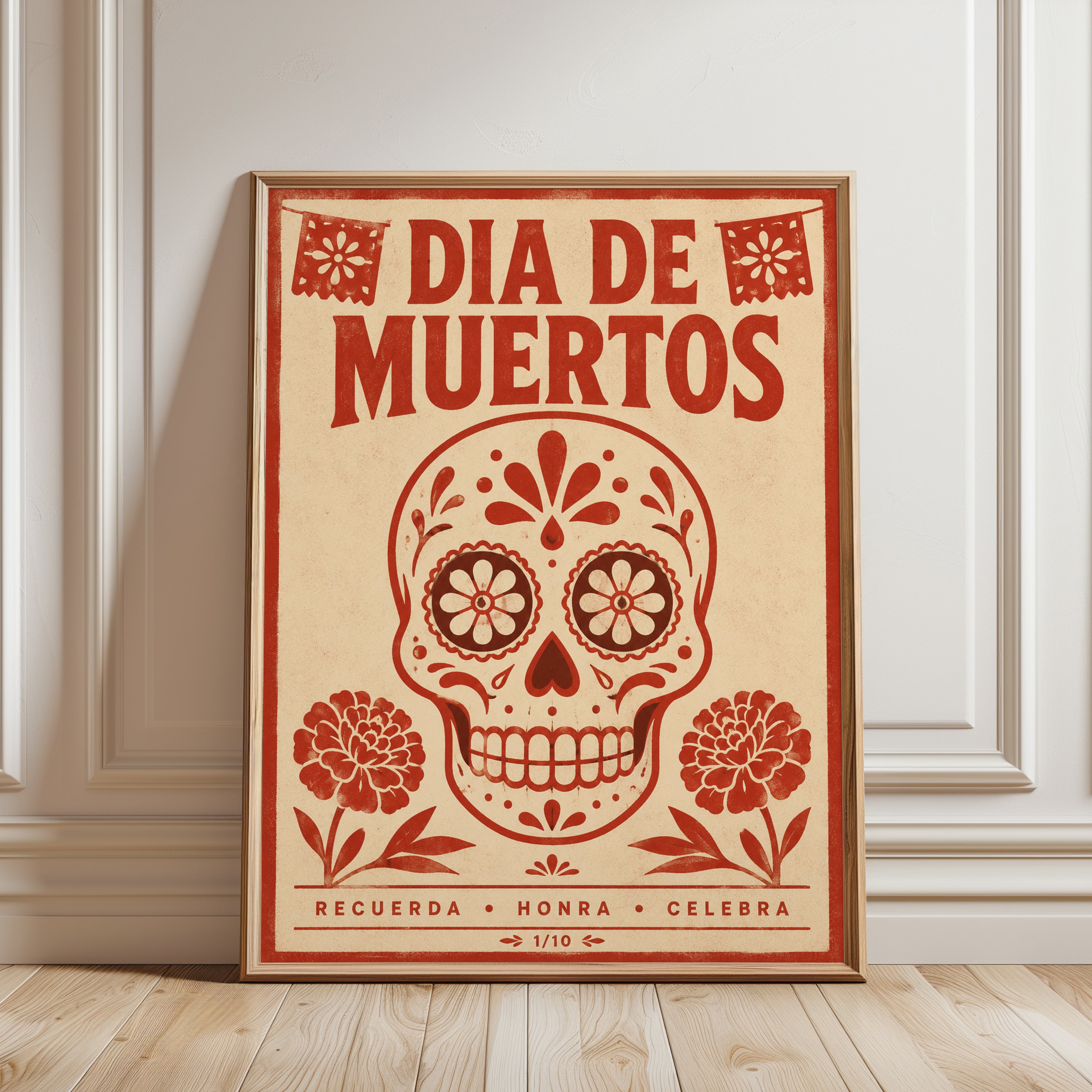 Dia de Muertos Print: Sugar Skull and Marigold Art (Unframed) - framed detail