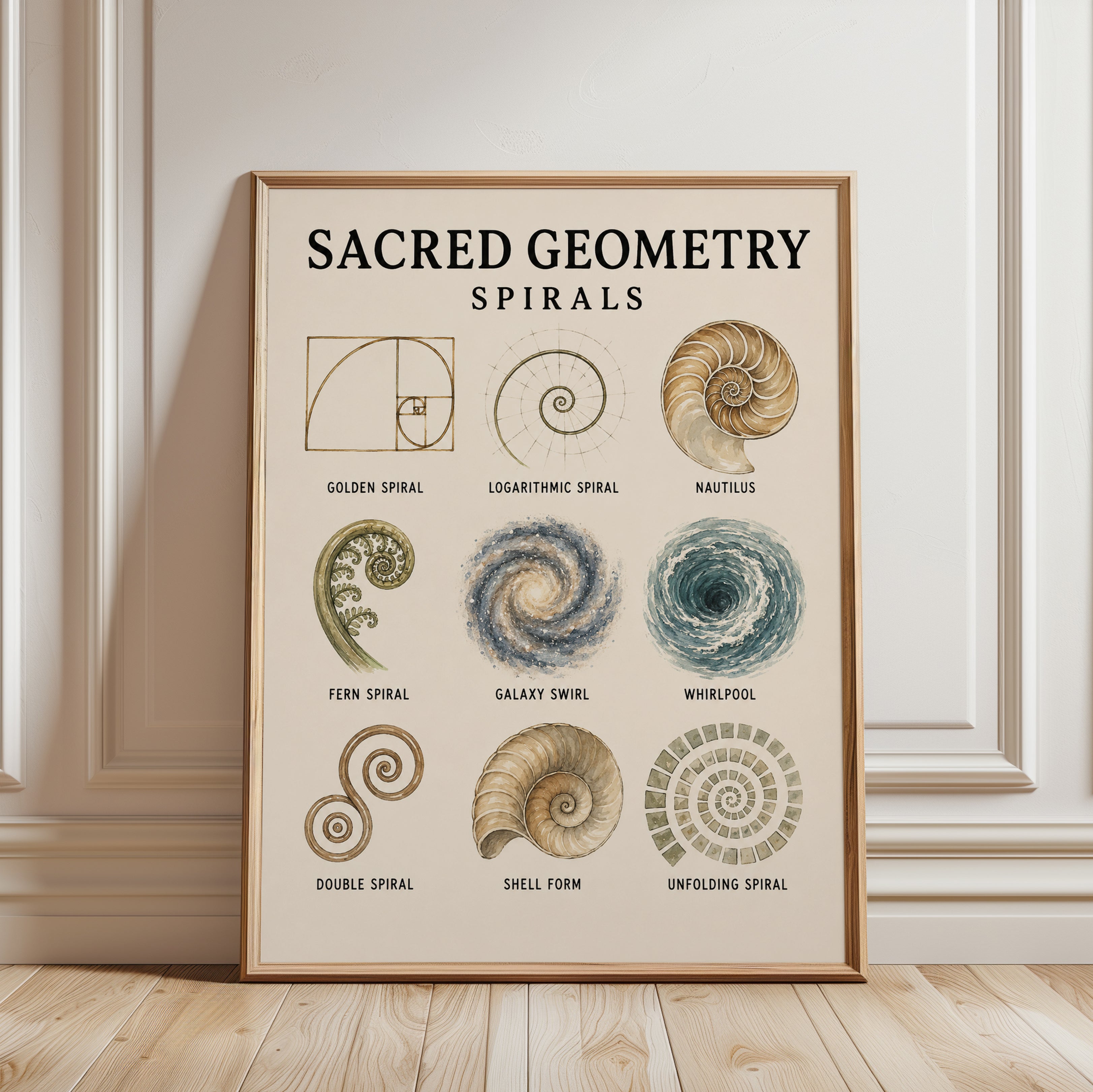Sacred Geometry Spirals Print — Educational Science Chart - framed detail