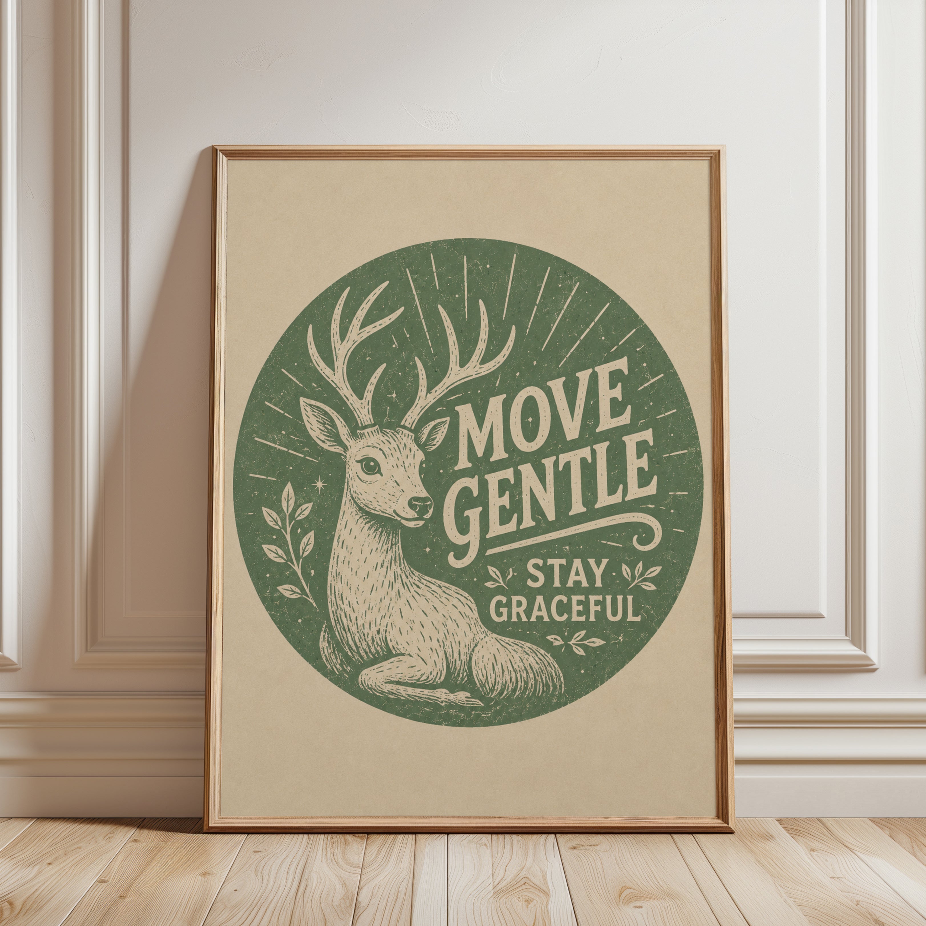 Deer Motivational Art Print: Vintage Green Typography Poster - framed detail
