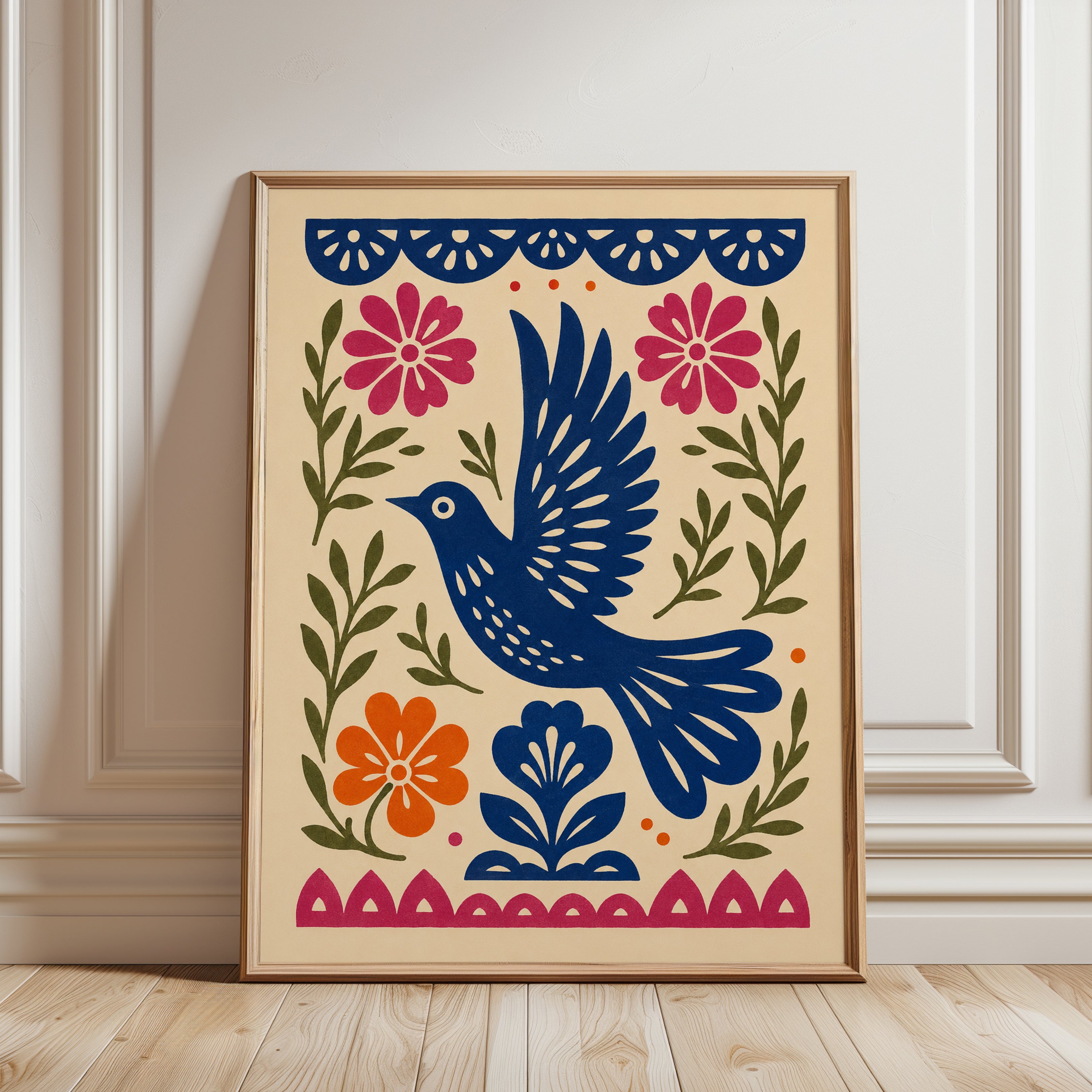 Folk Art Bird Print - framed detail