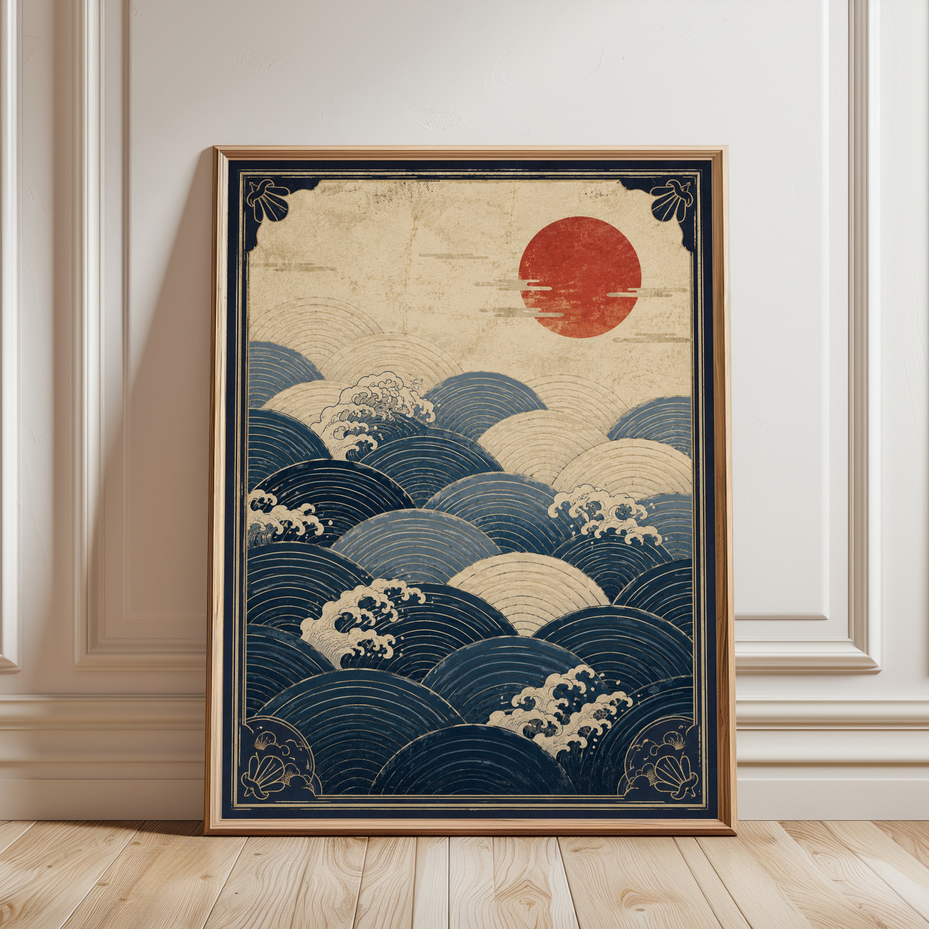 Ocean Wall Art Print: Japanese Waves with Red Sun - framed detail