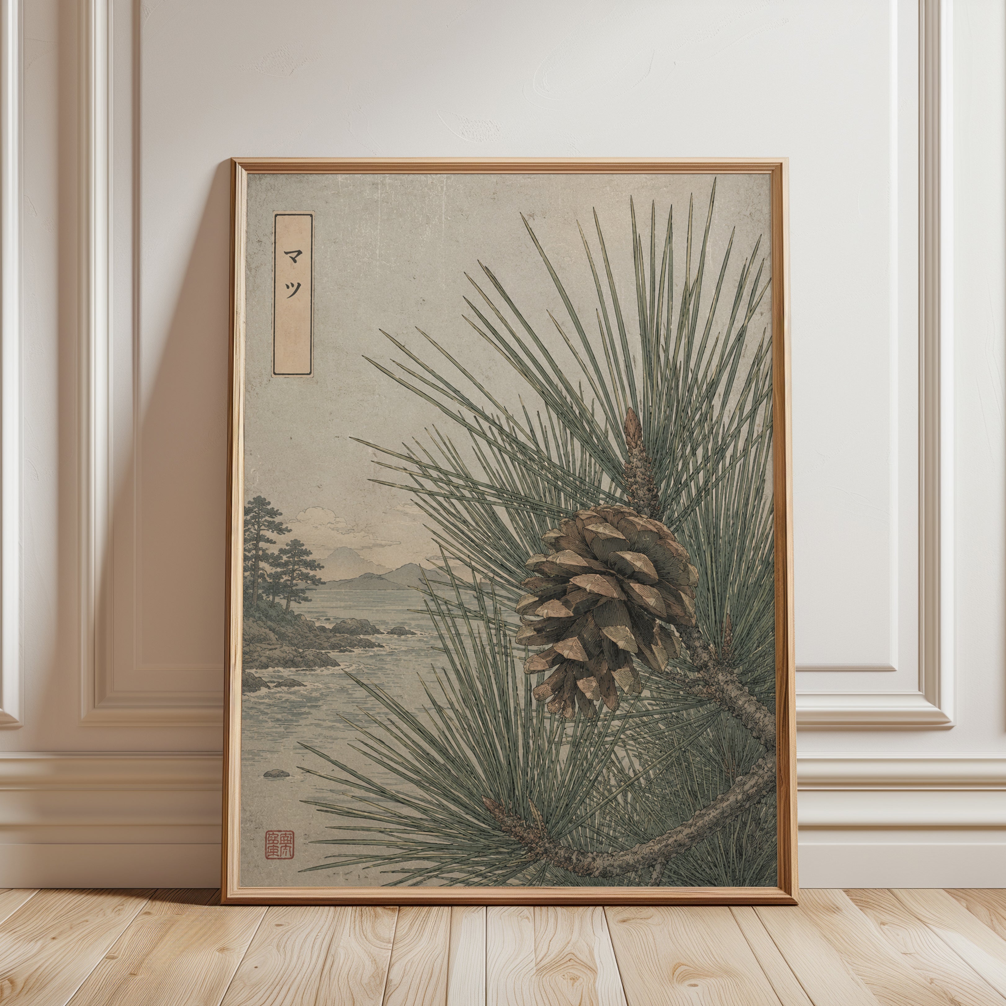 Japanese Pine Cone Print — Vintage Botanical Illustration - framed detail