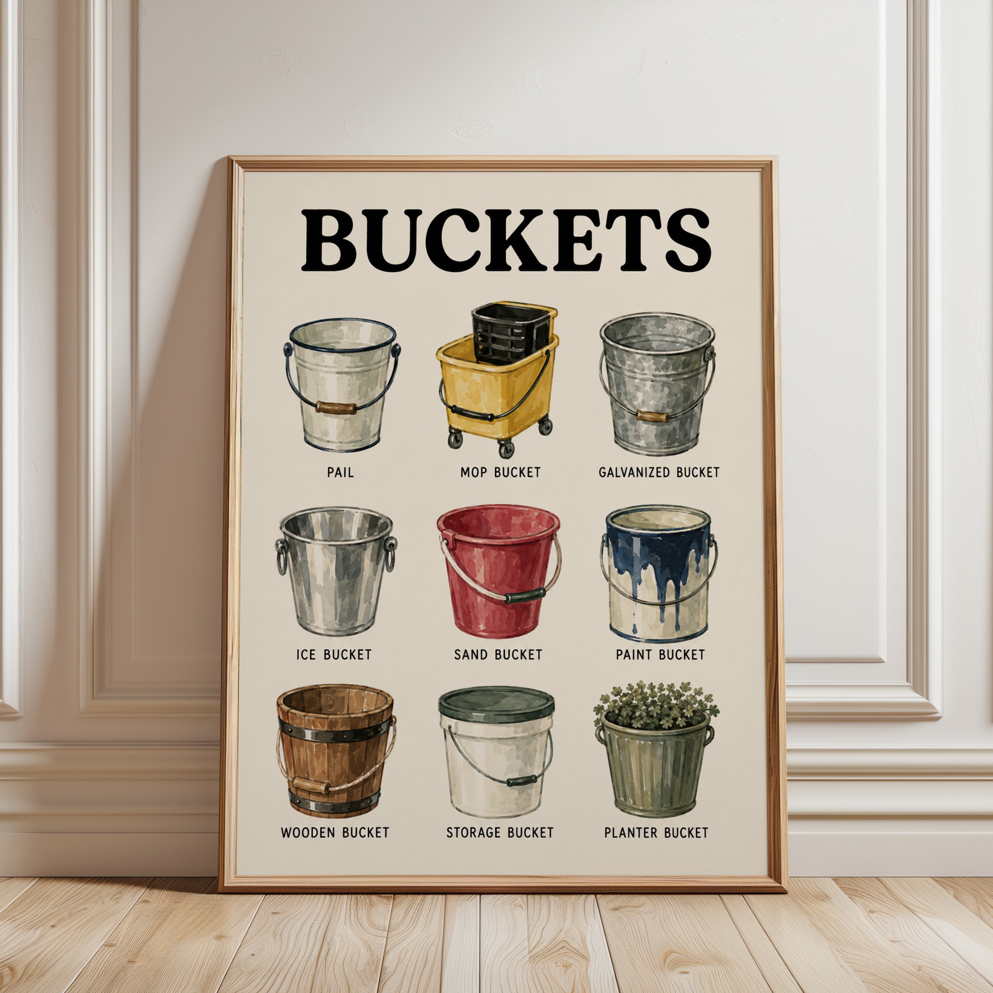 Vintage Bucket Collection Print: Illustrated Reference Poster - framed detail