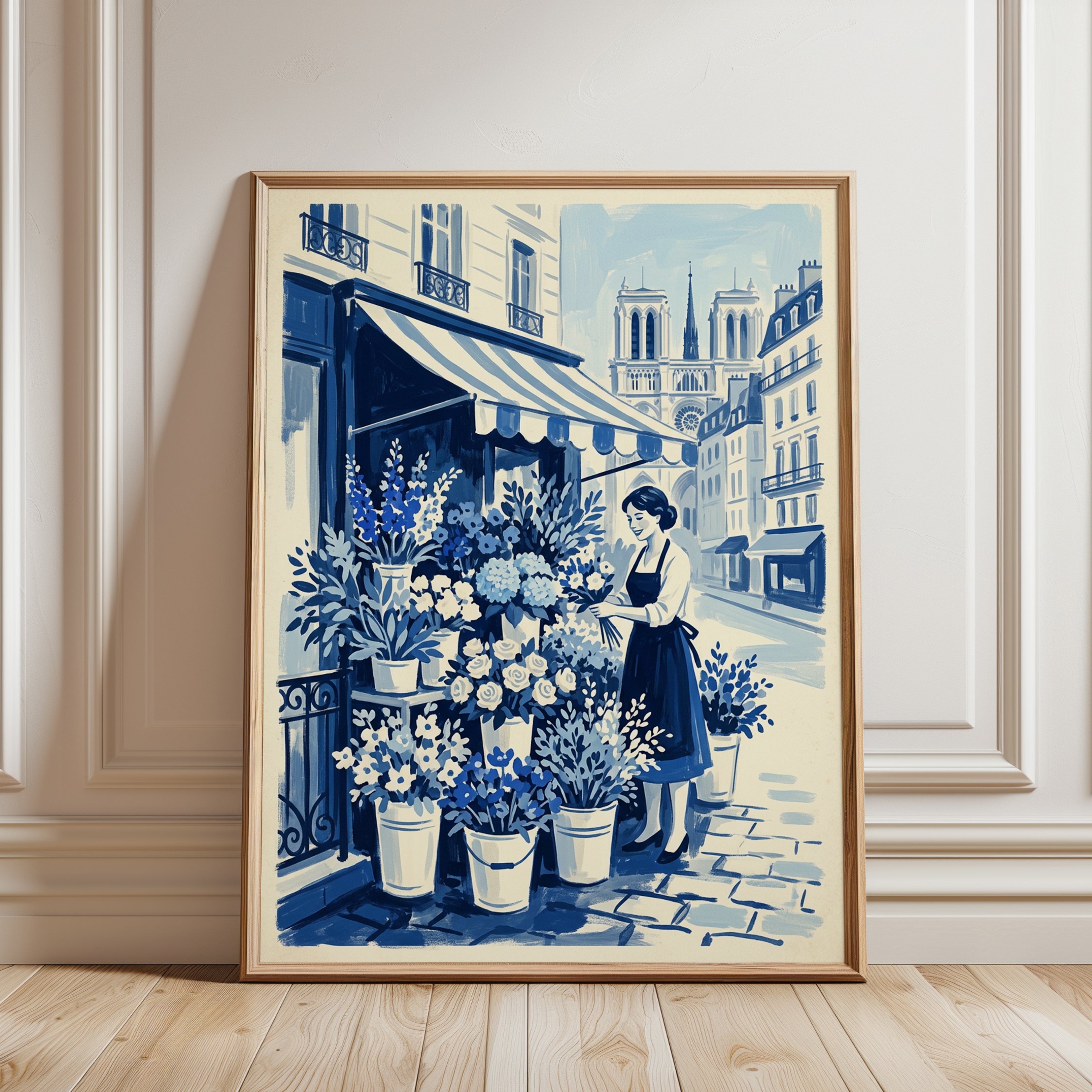Parisian Flower Shop Print — Vintage French Street Scene - framed detail