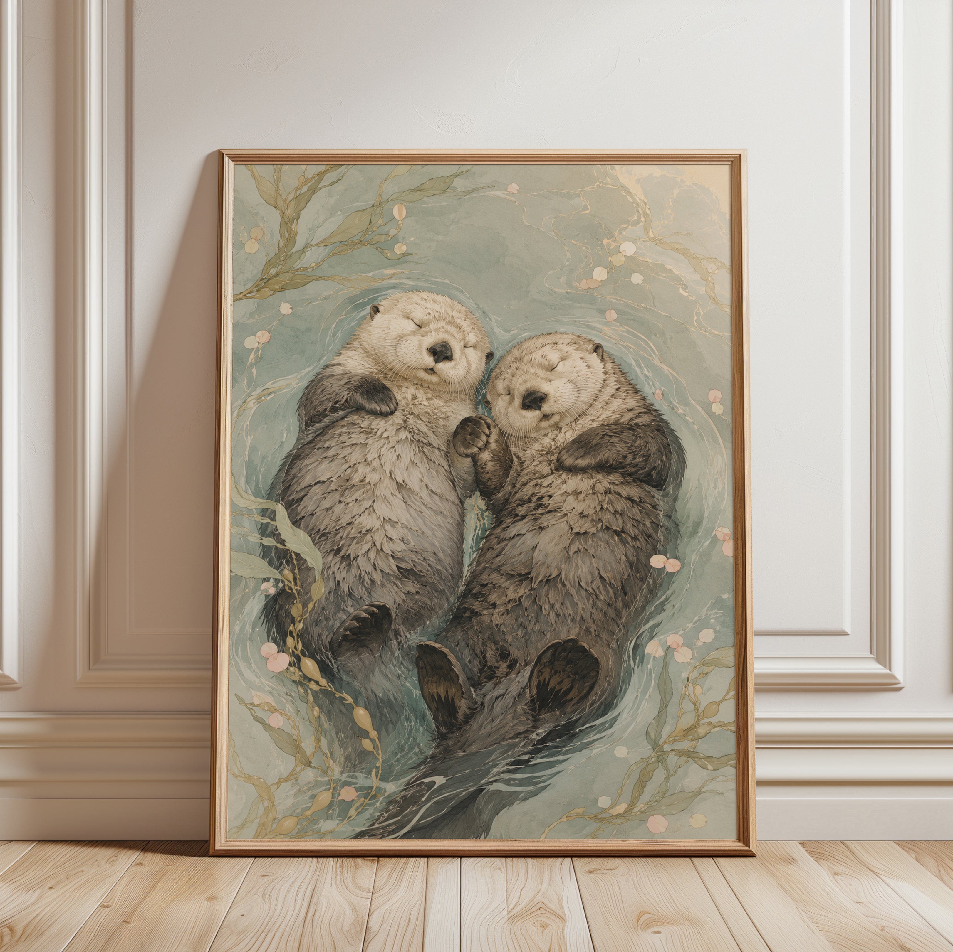 Sea Otters Holding Hands Art Print: Watercolor Wildlife Illustration - framed detail