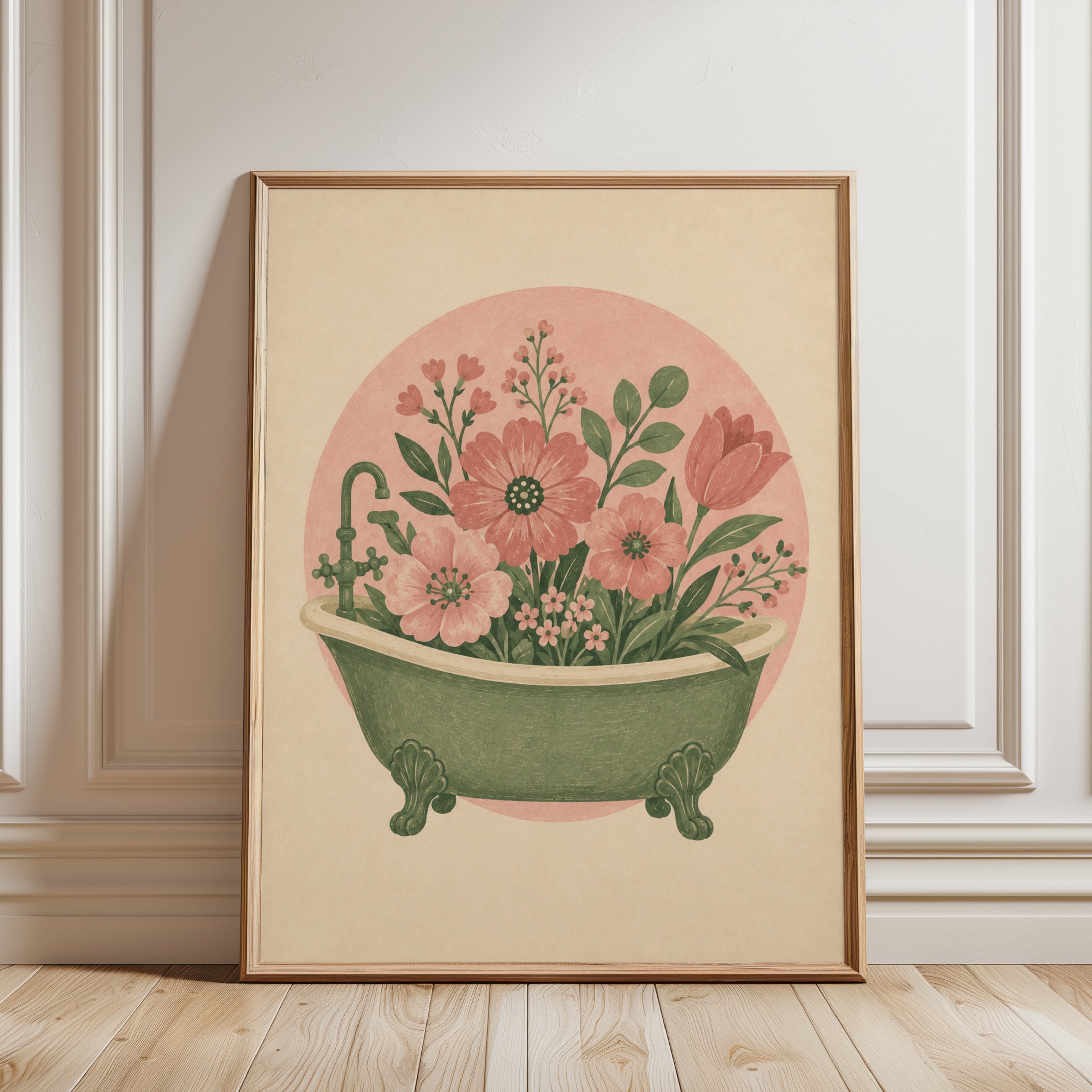 Bathtub Floral Wall Art – Vintage Bathroom Print - framed detail