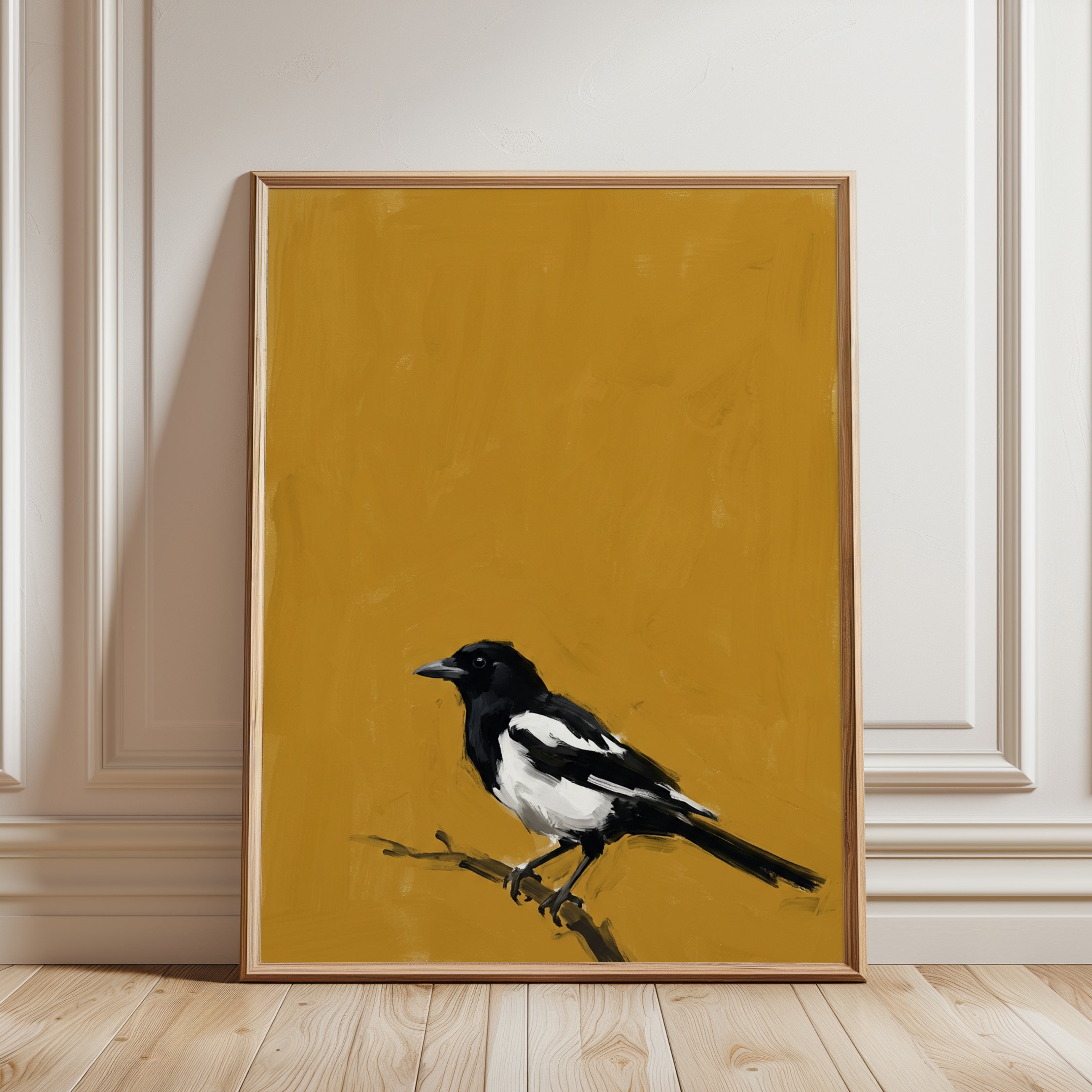 Magpie Bird Art Print – Black White Mustard Yellow Modern Farmhouse - framed detail