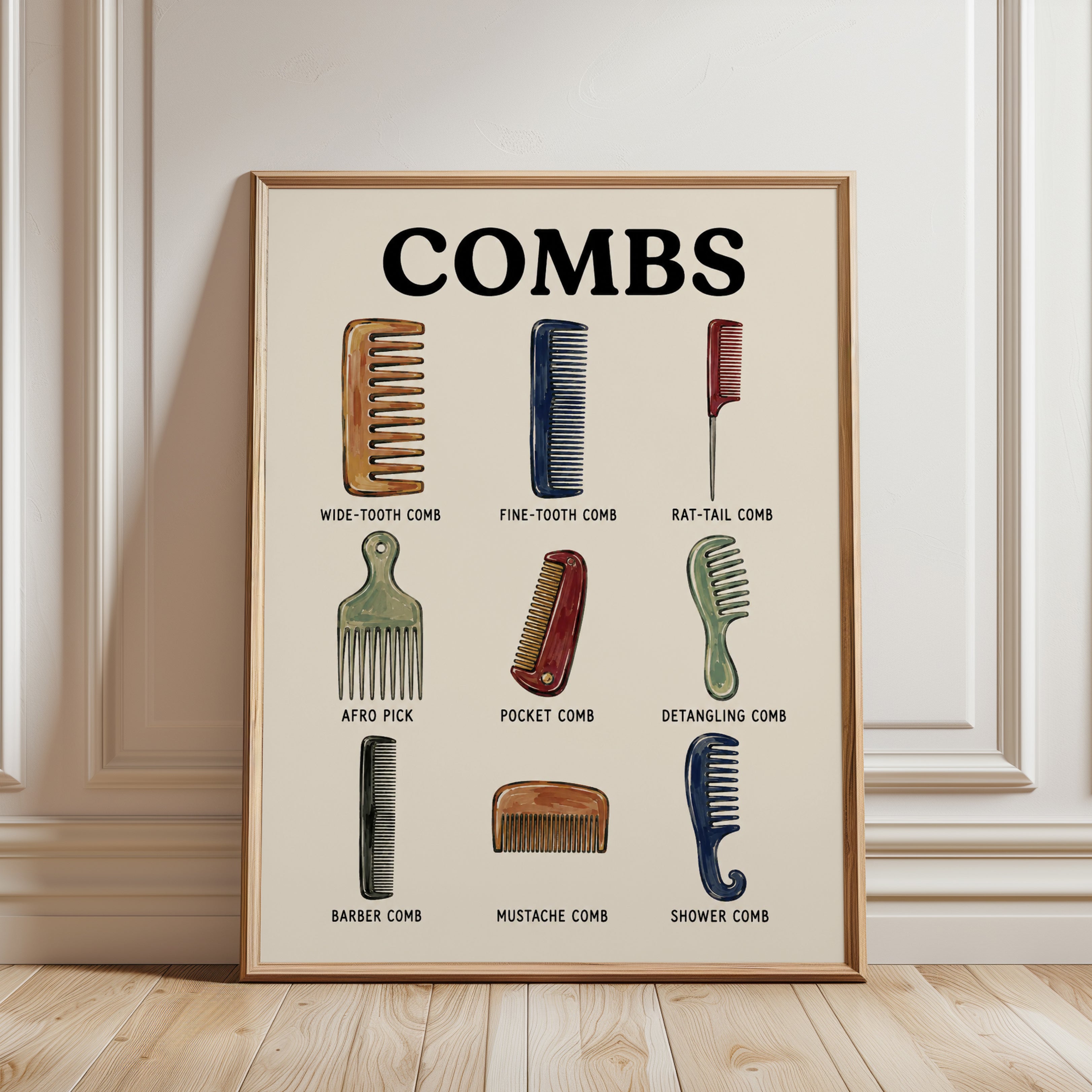 Barber Shop Wall Art – Hair Comb Types Poster - framed detail