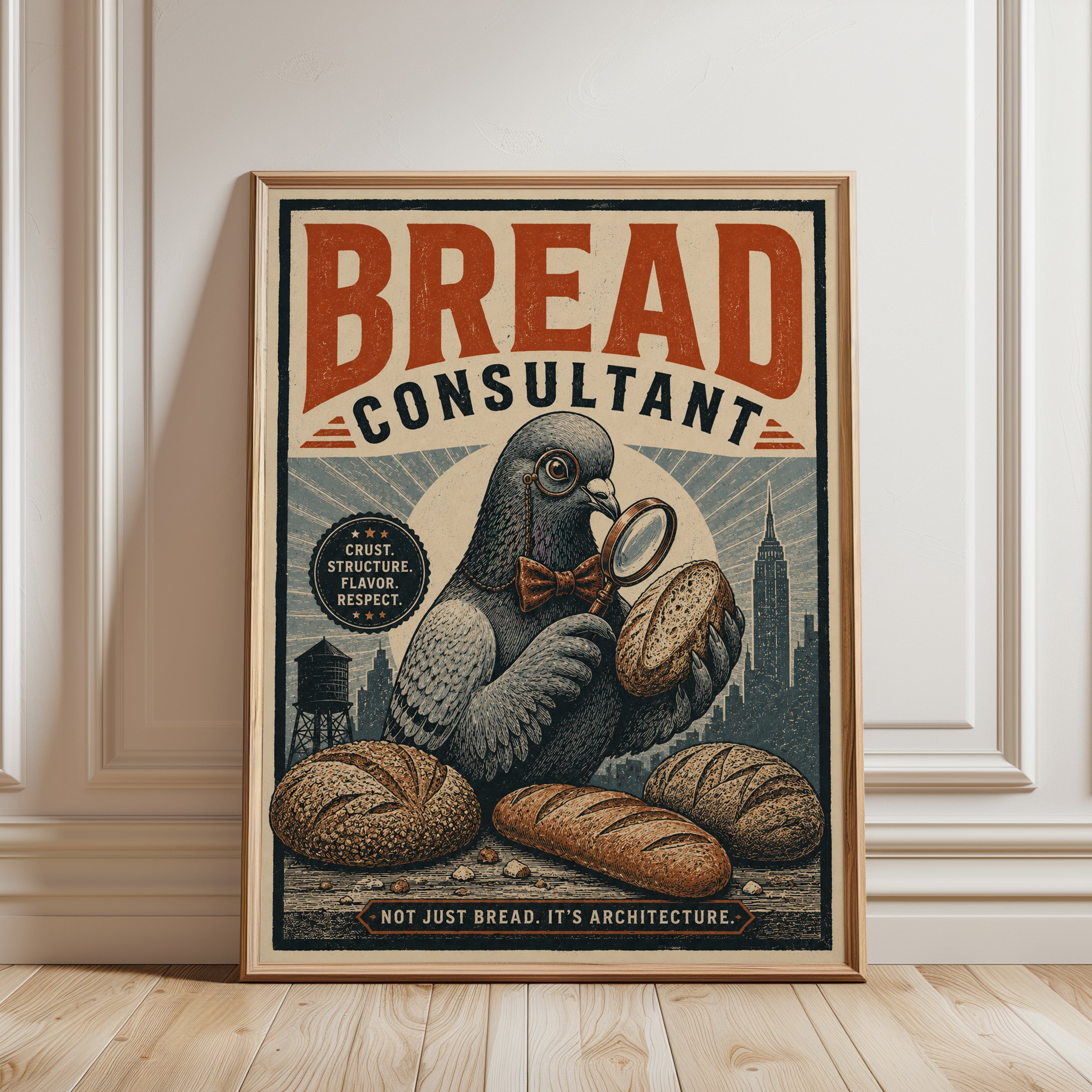 Bread Art Print: Vintage Pigeon Illustration - framed detail