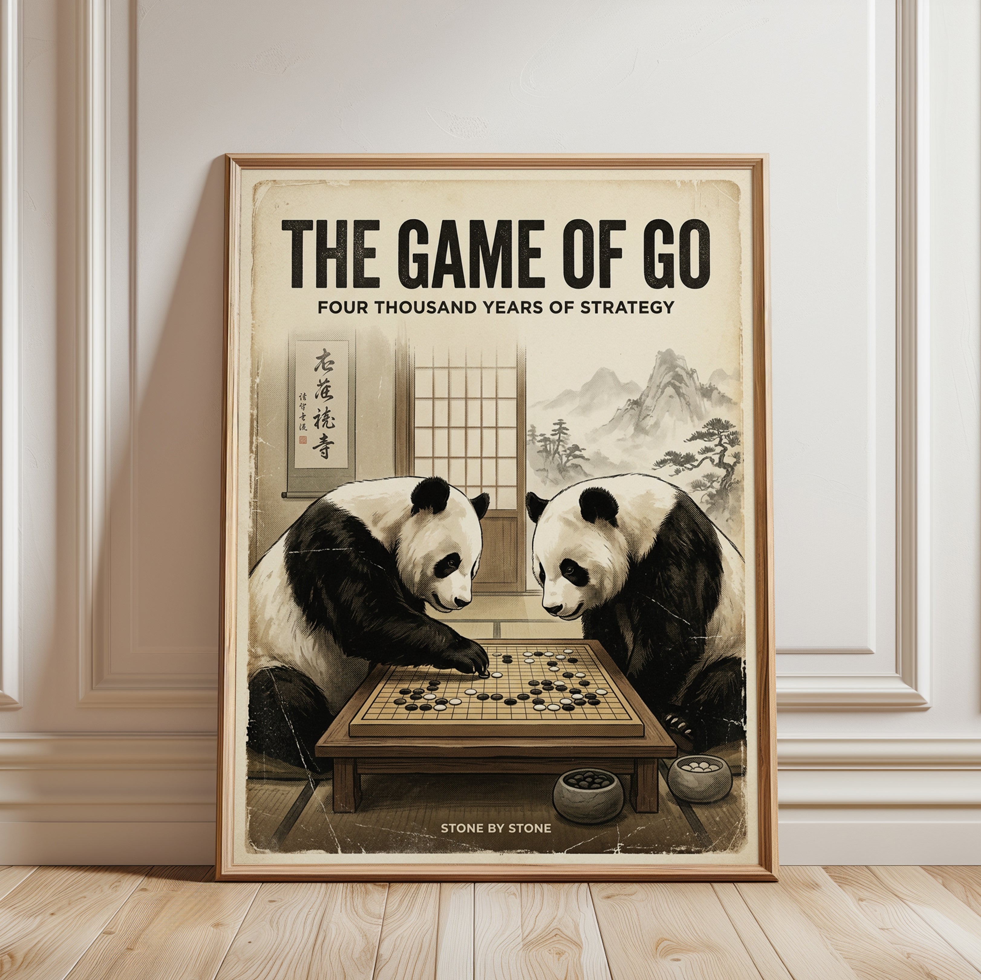 Pandas Playing Go Poster: Vintage Japanese Style Wall Art - framed detail