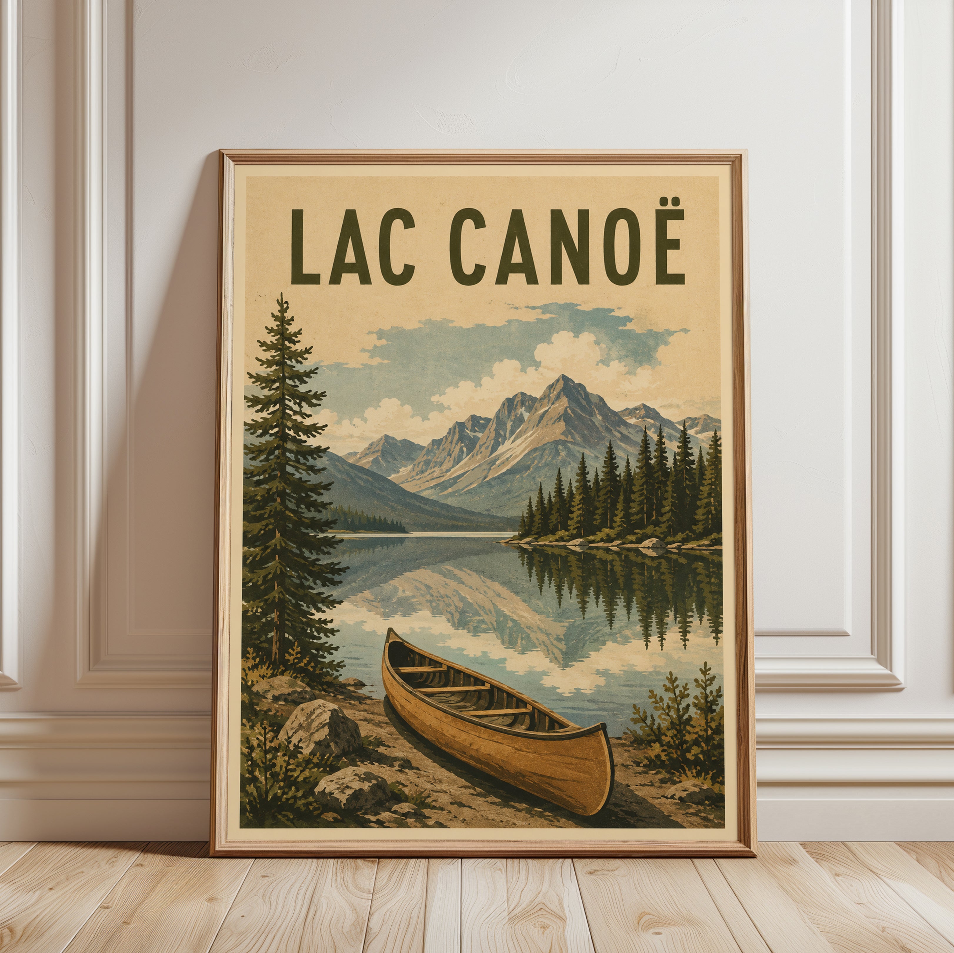 Lac Canoe Mountain Lake Poster: Vintage Travel Art Print - framed detail