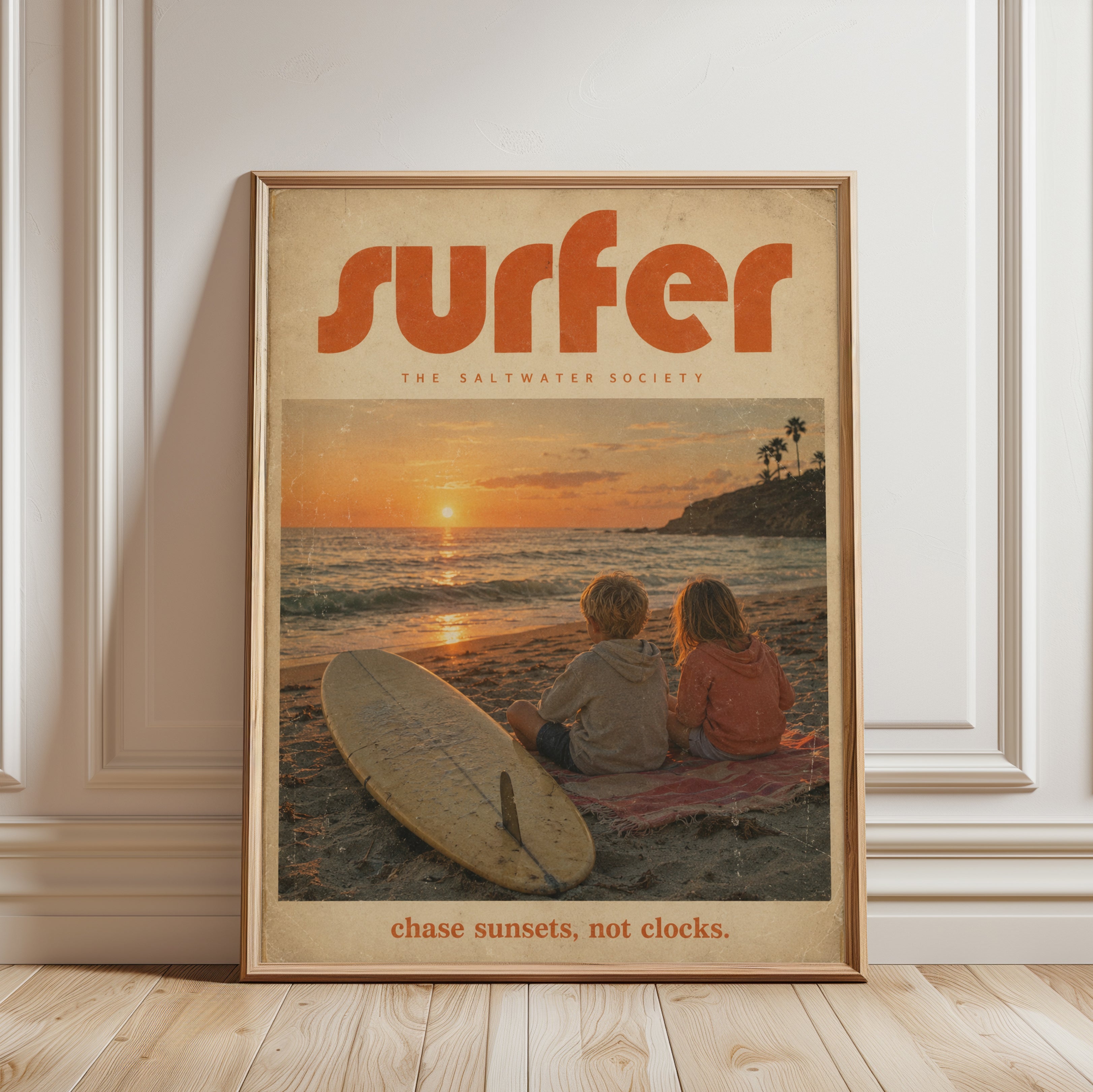 Vintage Surfer Sunset Print – Retro Beach Coastal Wall Art - framed detail