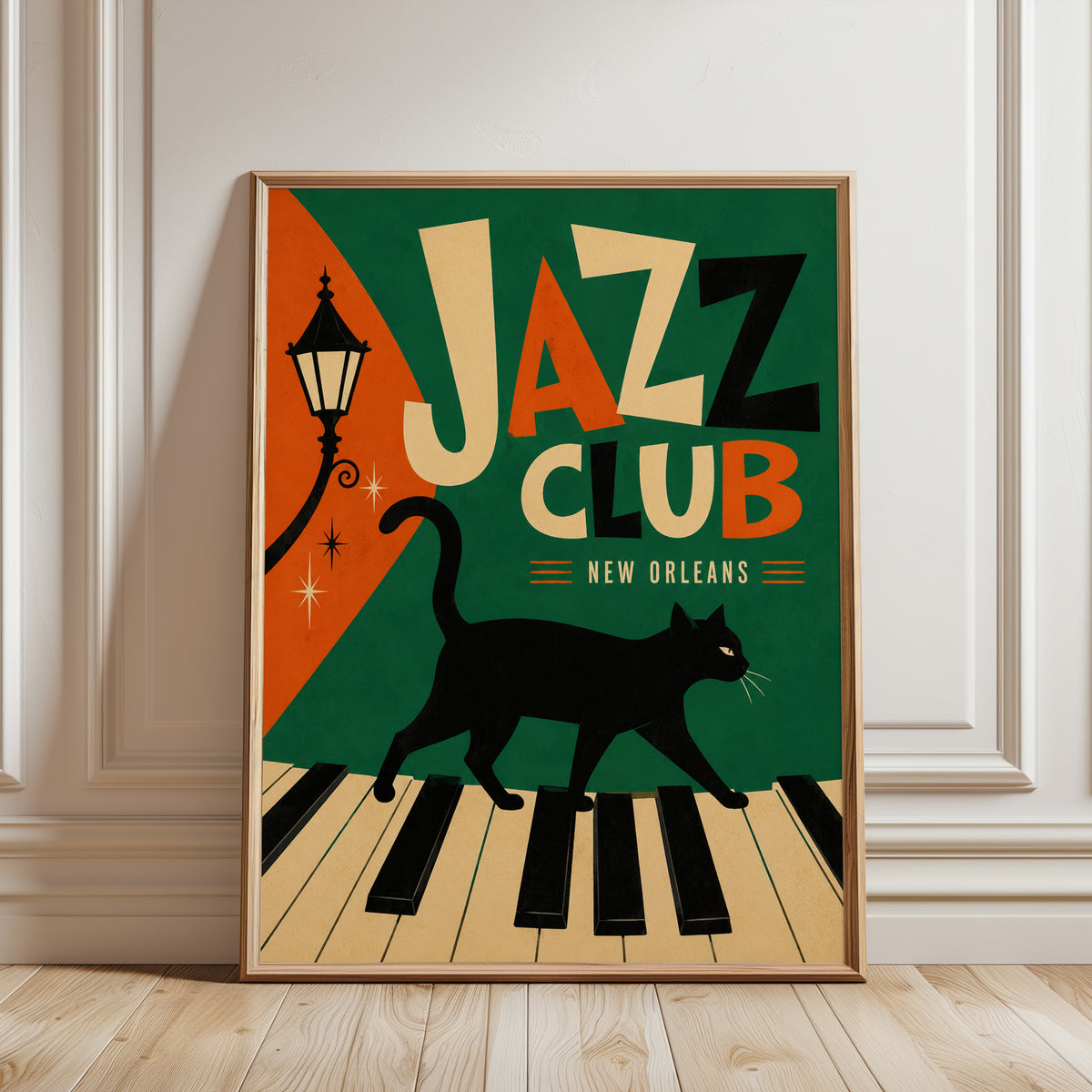 Jazz Club Art Print: Vintage Cat on Piano Keys - framed detail