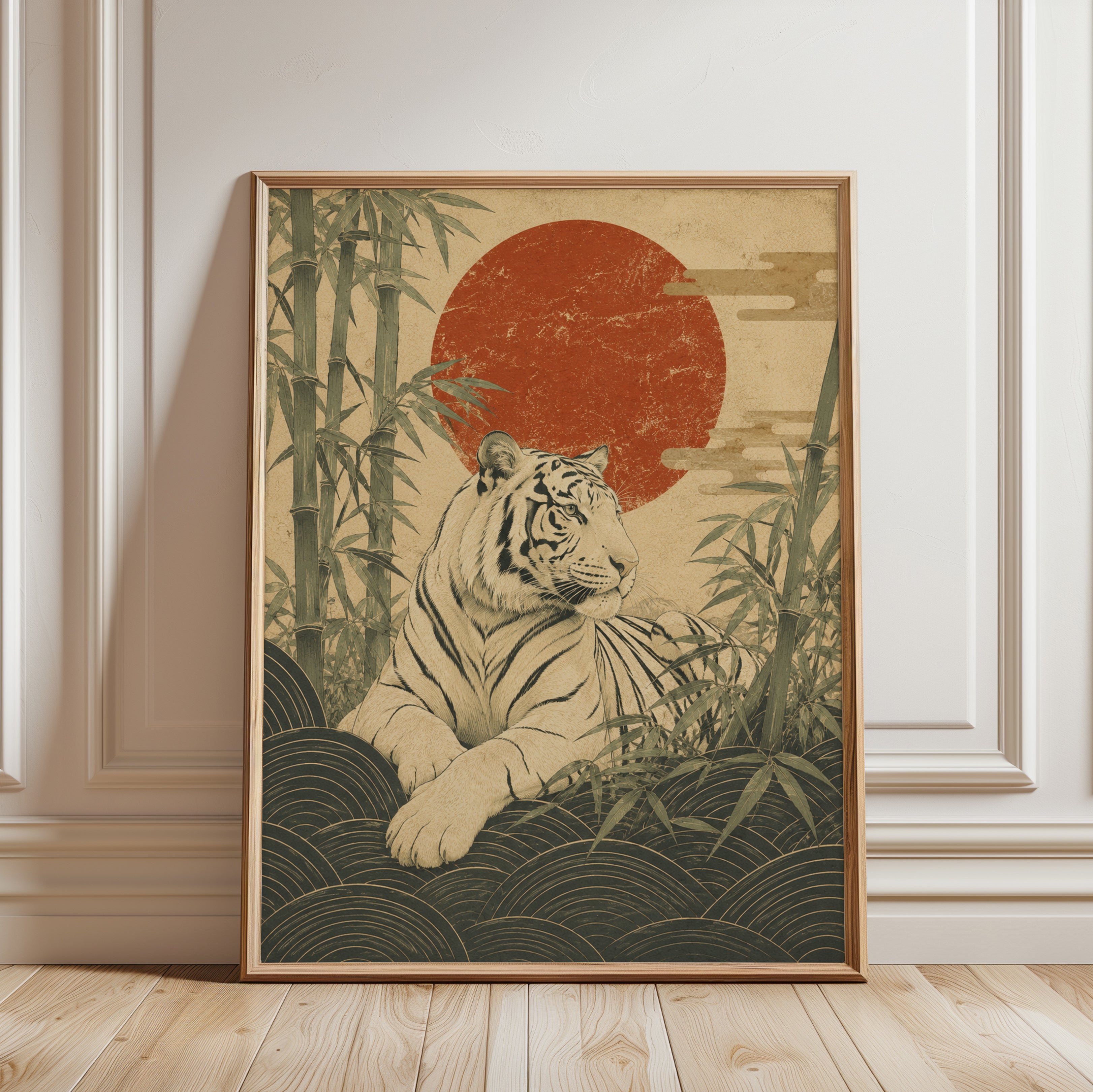 White Tiger Art Print: Japanese Vintage Style With Red Sun - framed detail