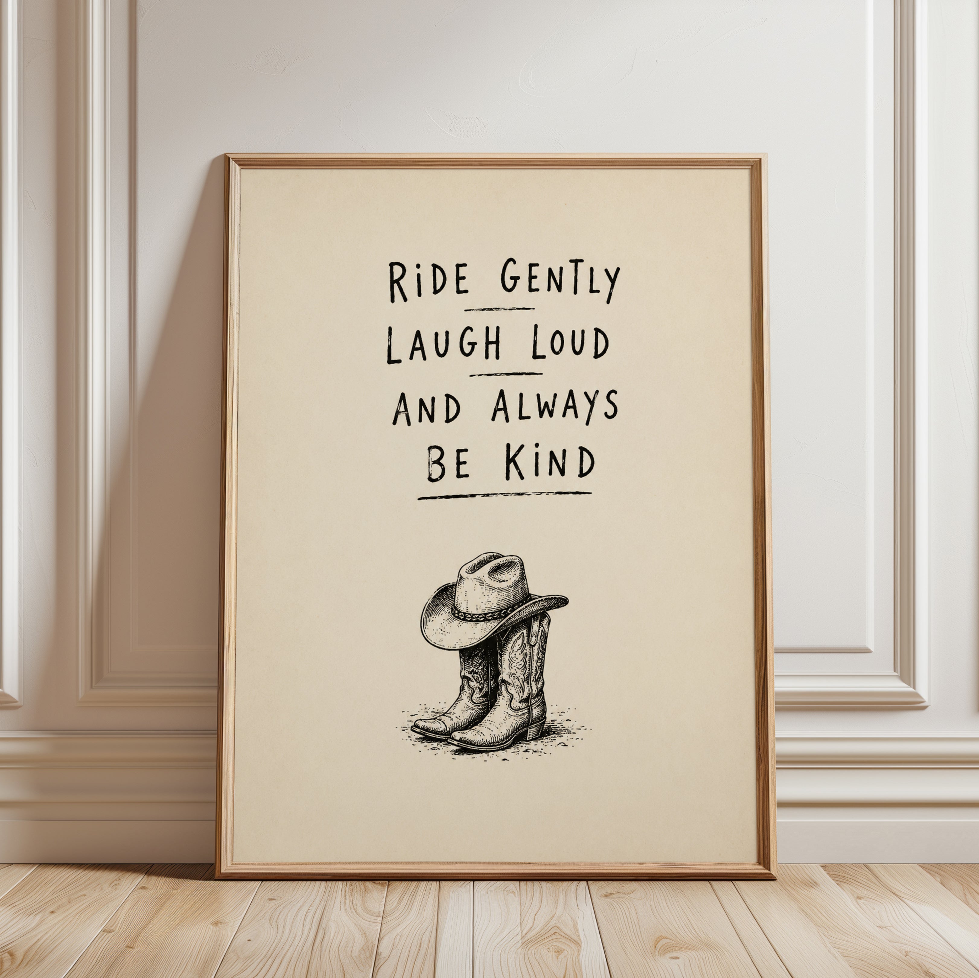 Cowboy Wisdom Print: Ride Gently Laugh Loud Be Kind - framed detail