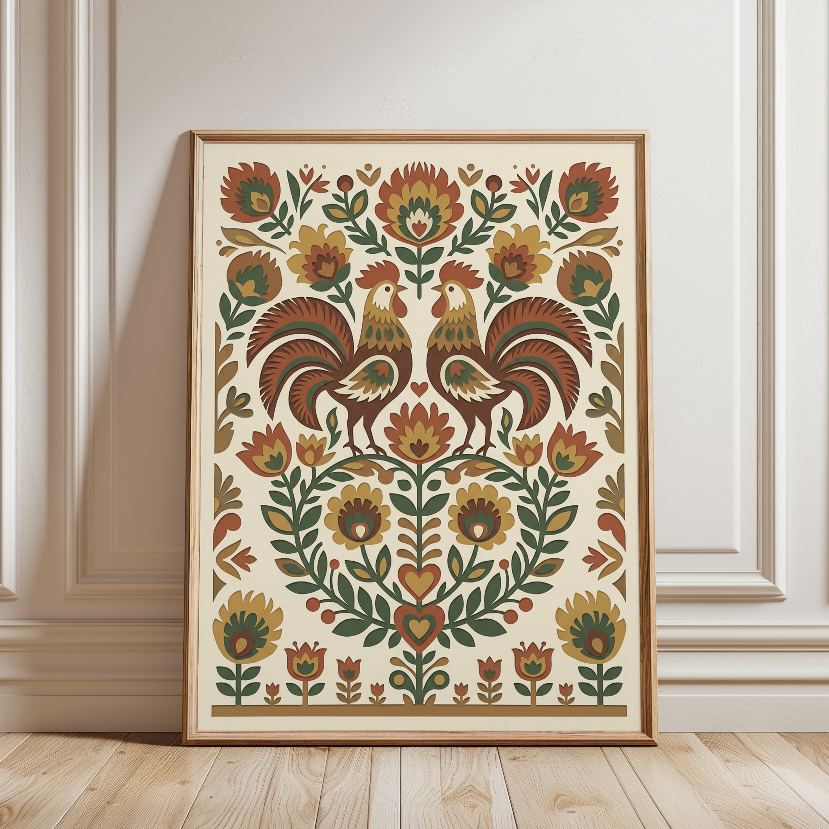 Folk Art Rooster Print: Symmetrical Floral Design in Earth Tones - framed detail