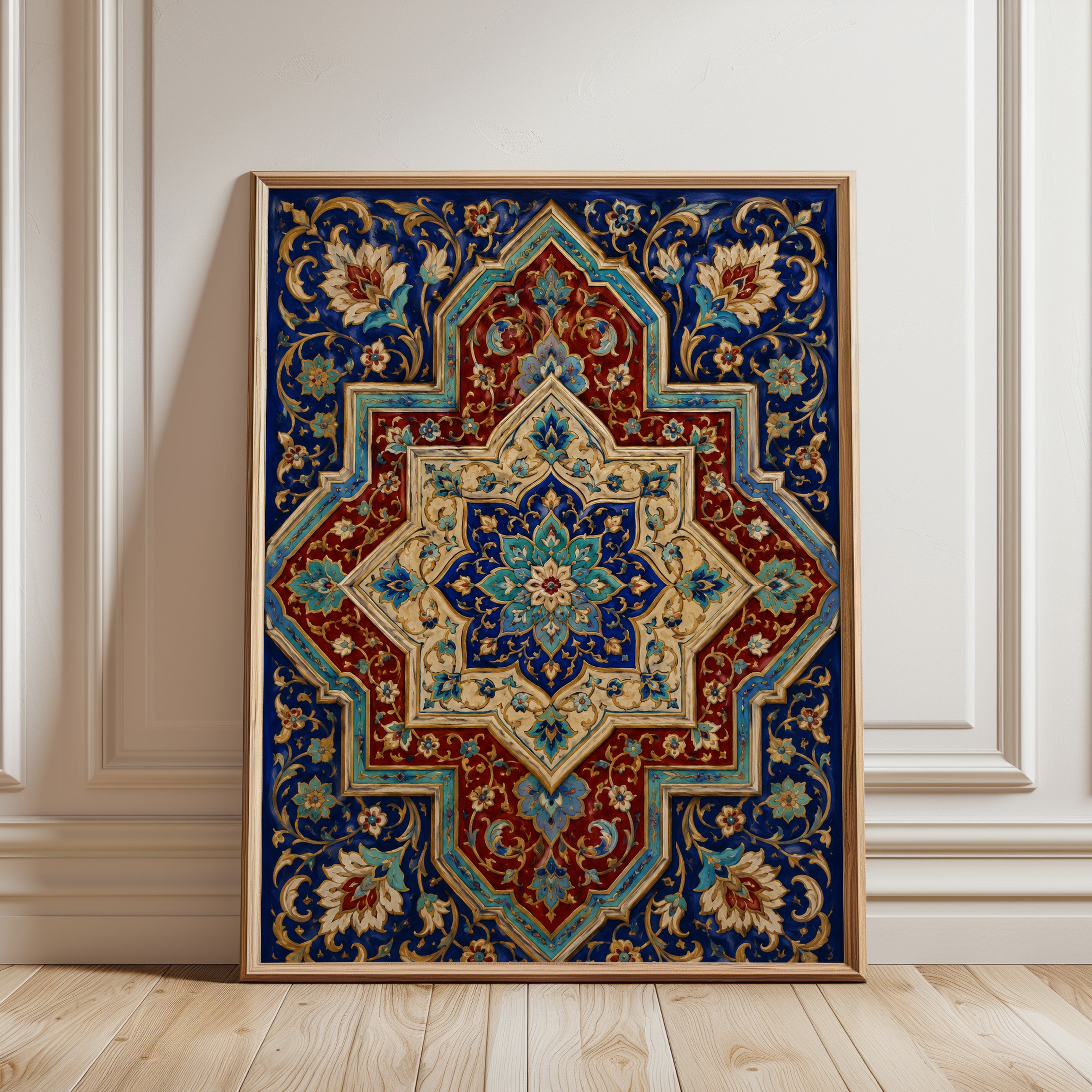 Persian Tile Mandala Art Print: Blue and Red Islamic Pattern - framed detail