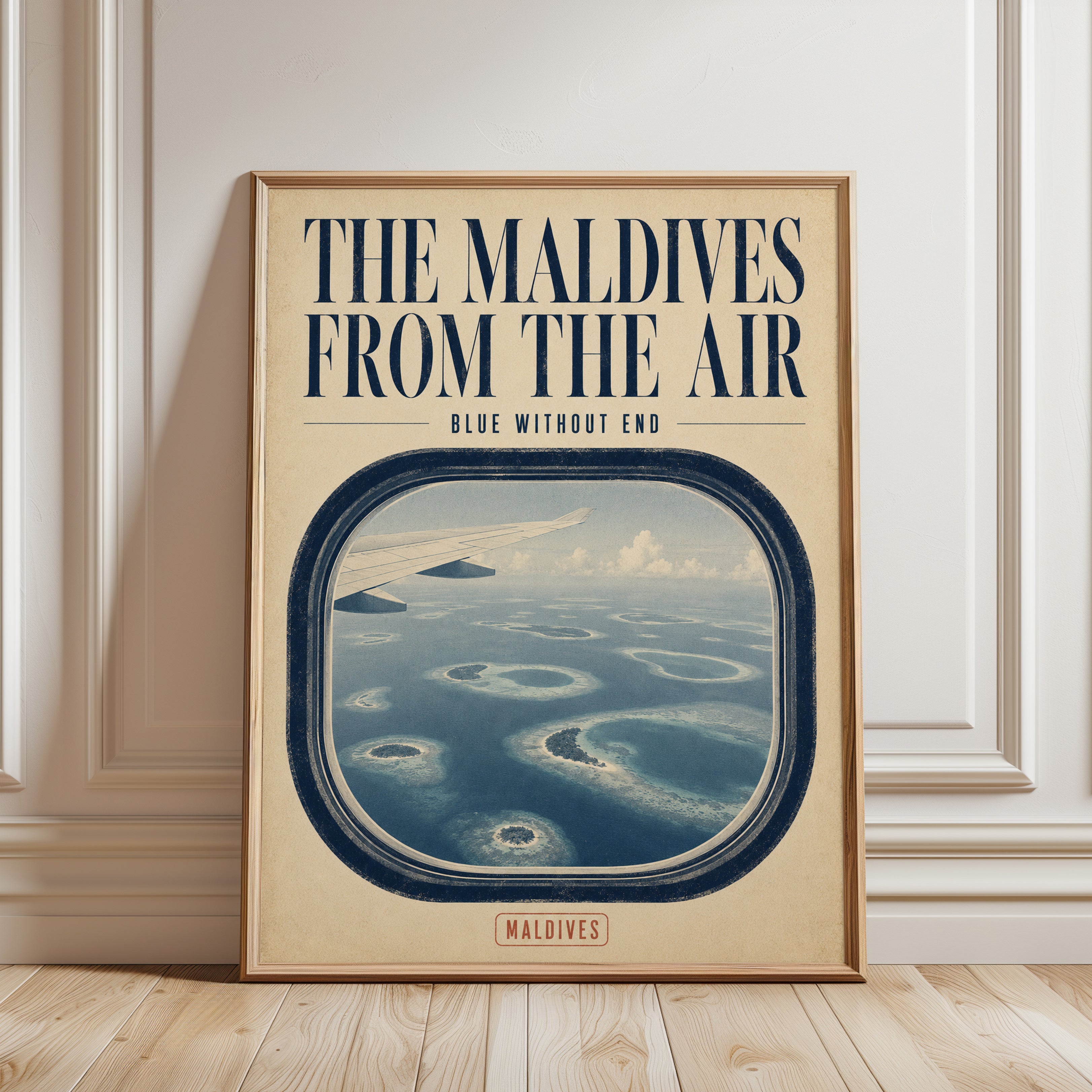 Maldives Airplane Window Travel Poster: Vintage Aviation Art - framed detail