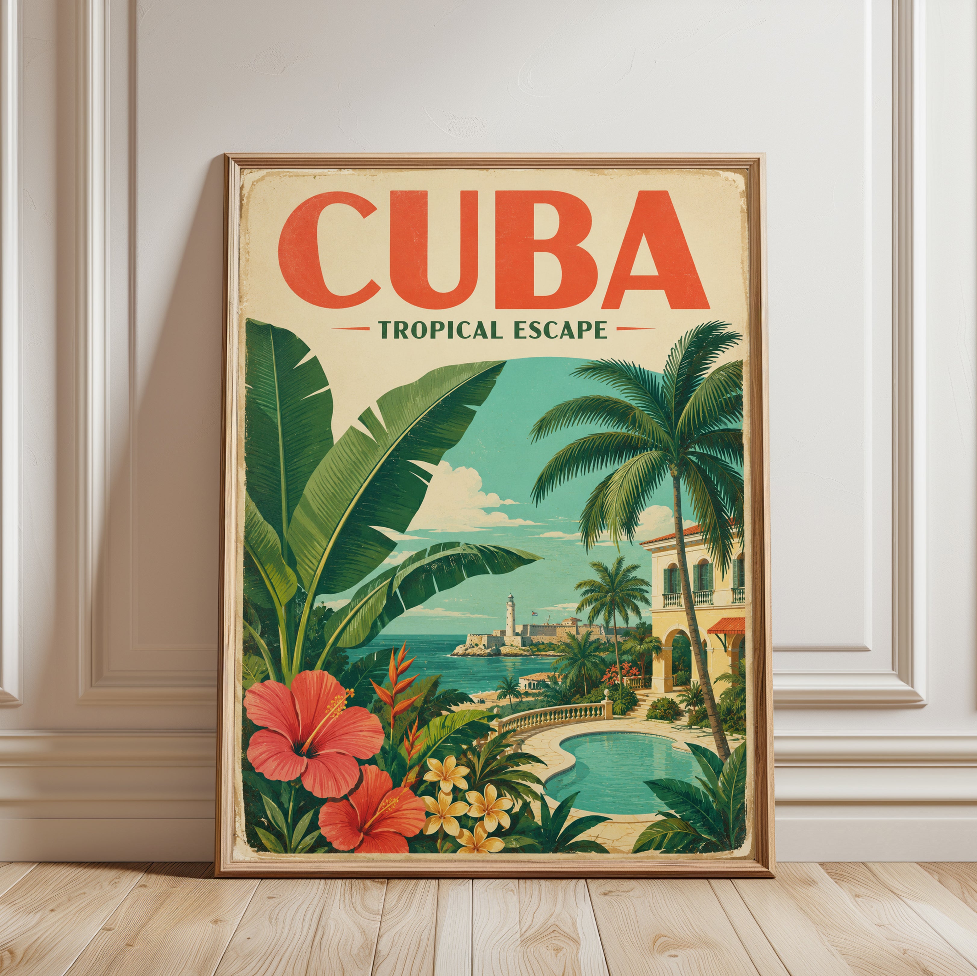 Cuba Travel Poster – Vintage Tropical Wall Art - framed detail
