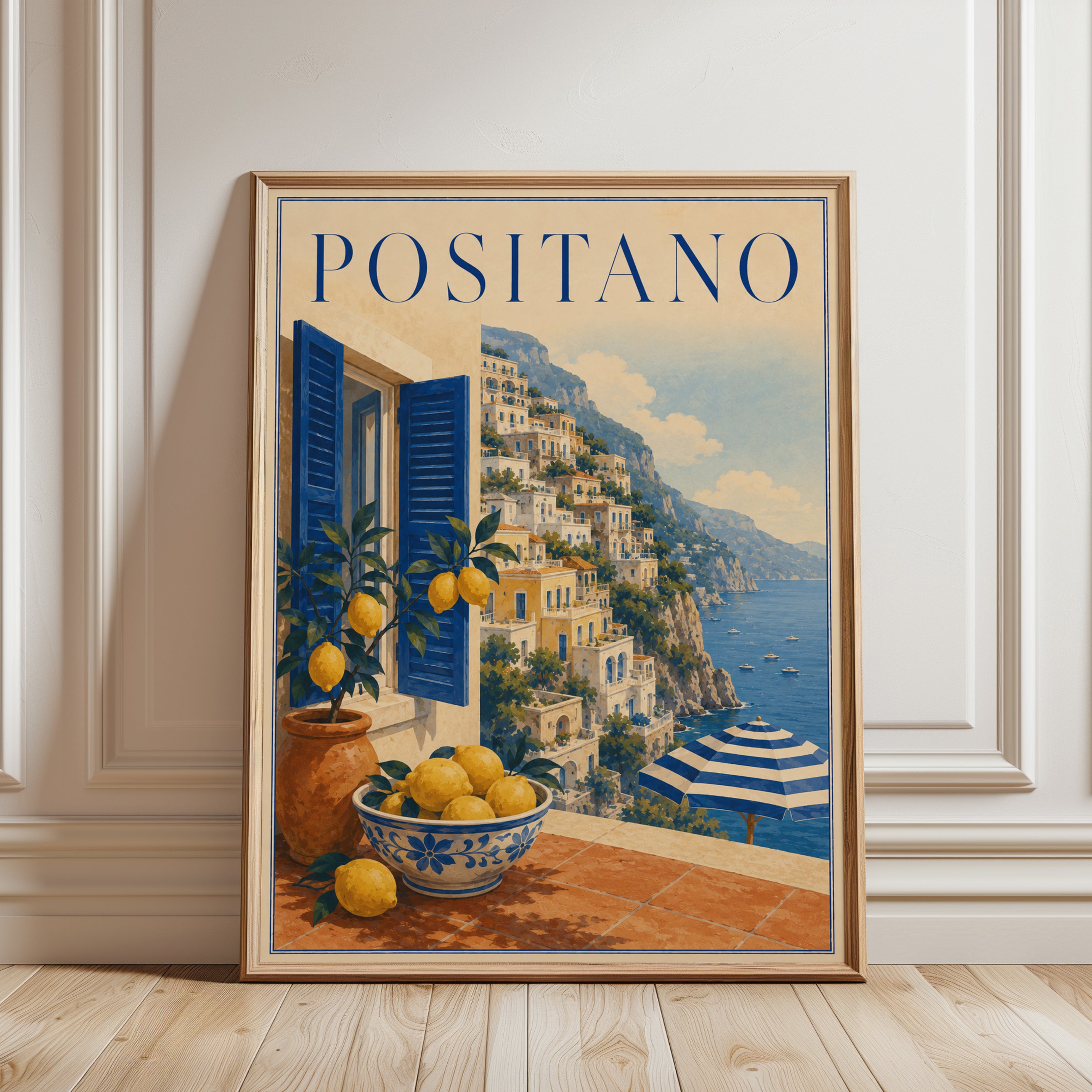 Positano Travel Poster – Vintage Italian Coast - framed detail