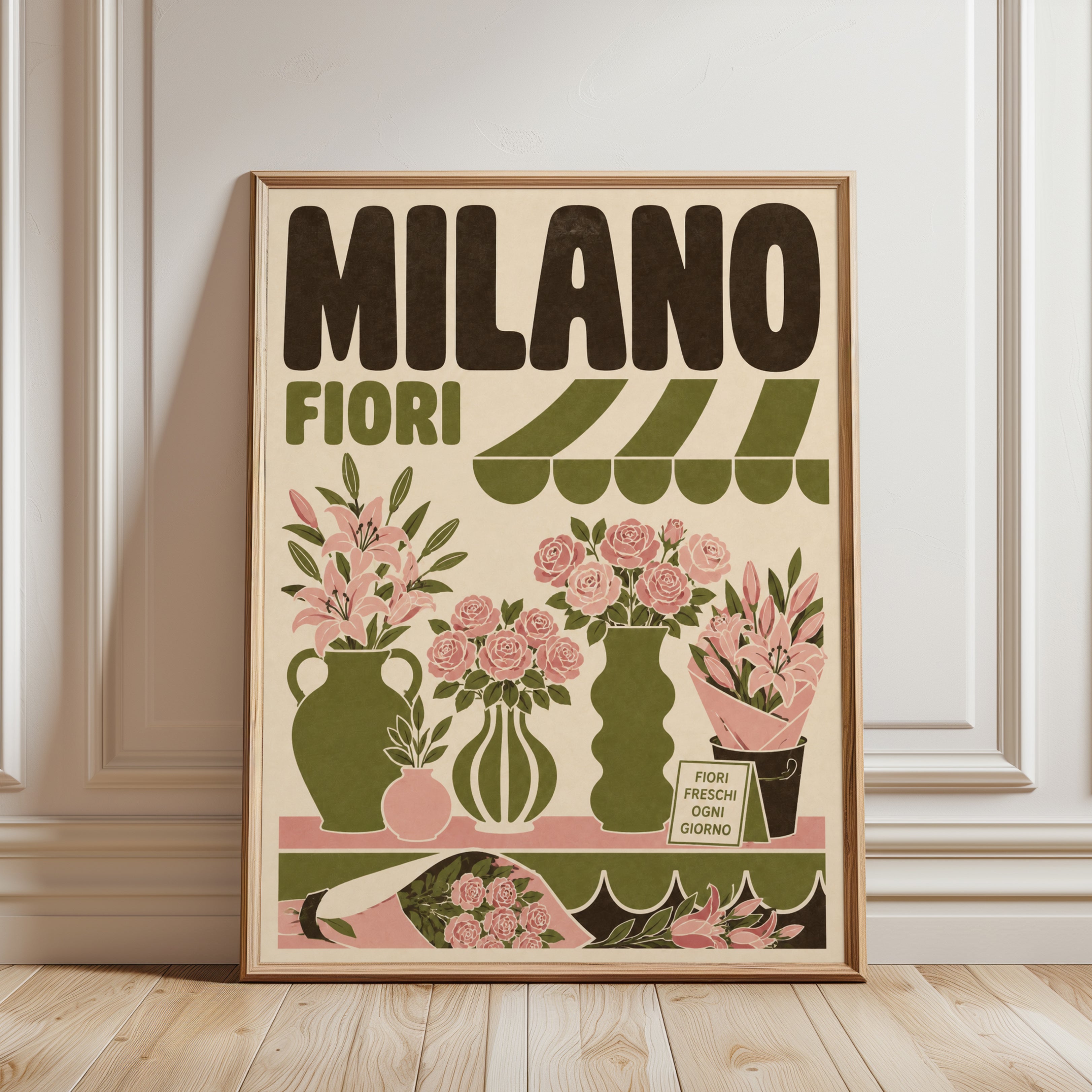 Vintage Milano Flower Market Poster - framed detail
