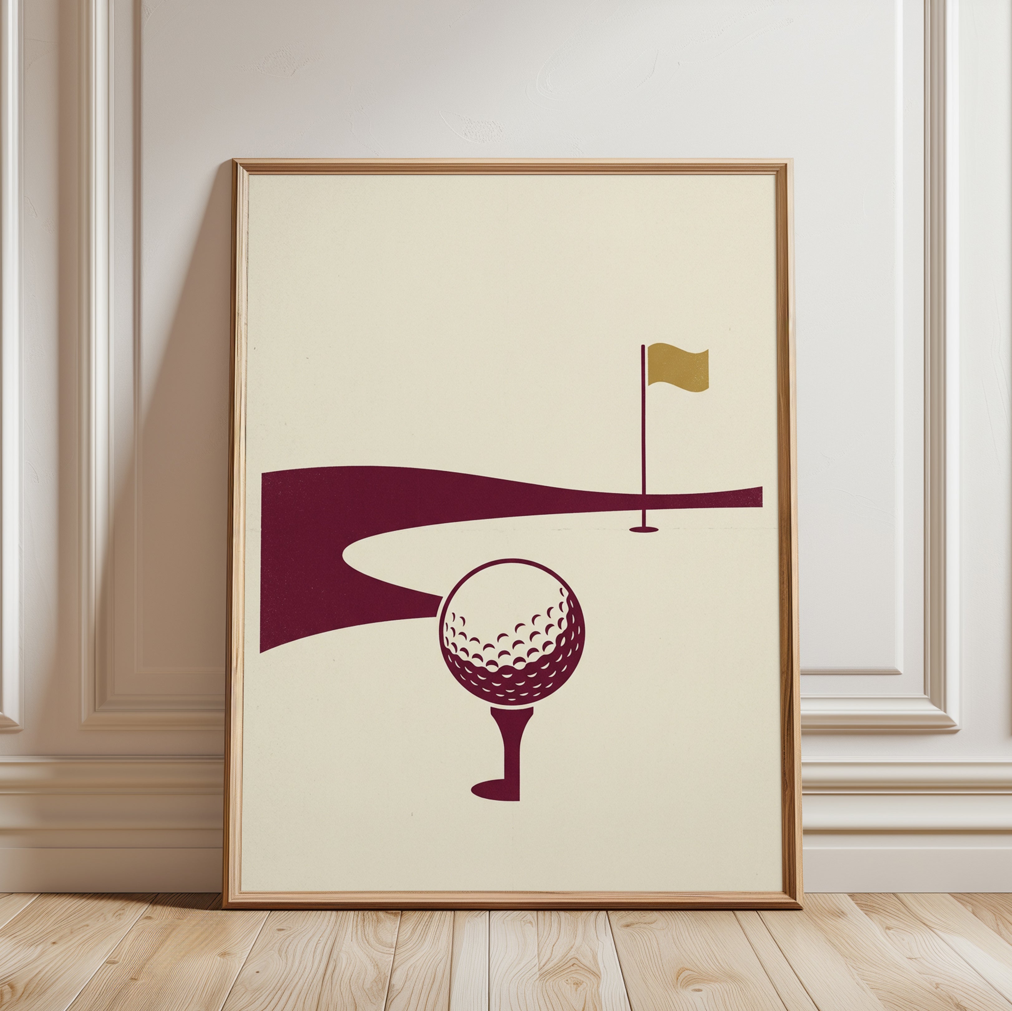 Golf Course Print: Minimalist Burgundy and Gold Sports Art - framed detail