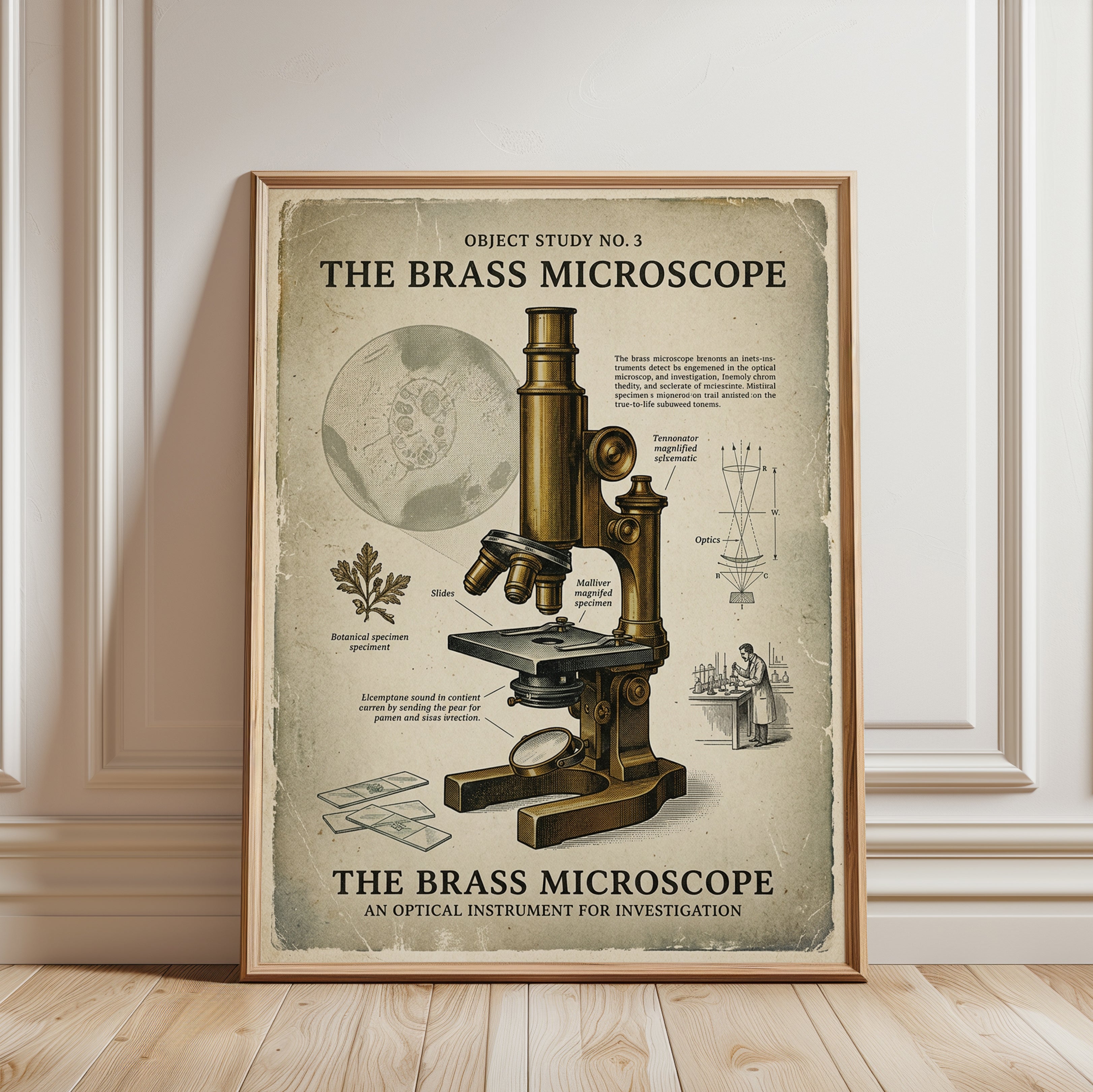 Brass Microscope Art Print: Vintage Scientific Illustration Poster - framed detail