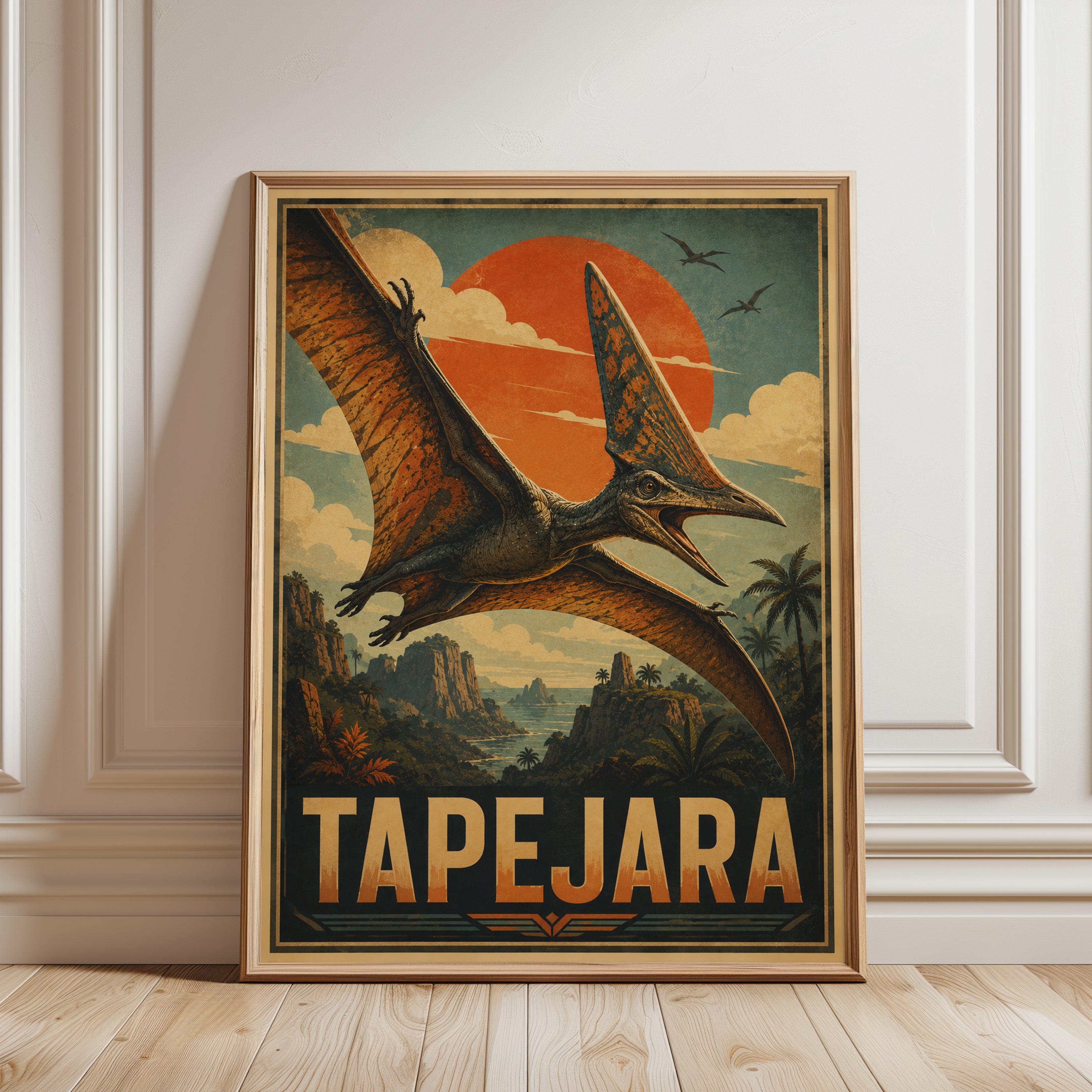 Tapejara Travel Poster: Retro Dinosaur Art - framed detail