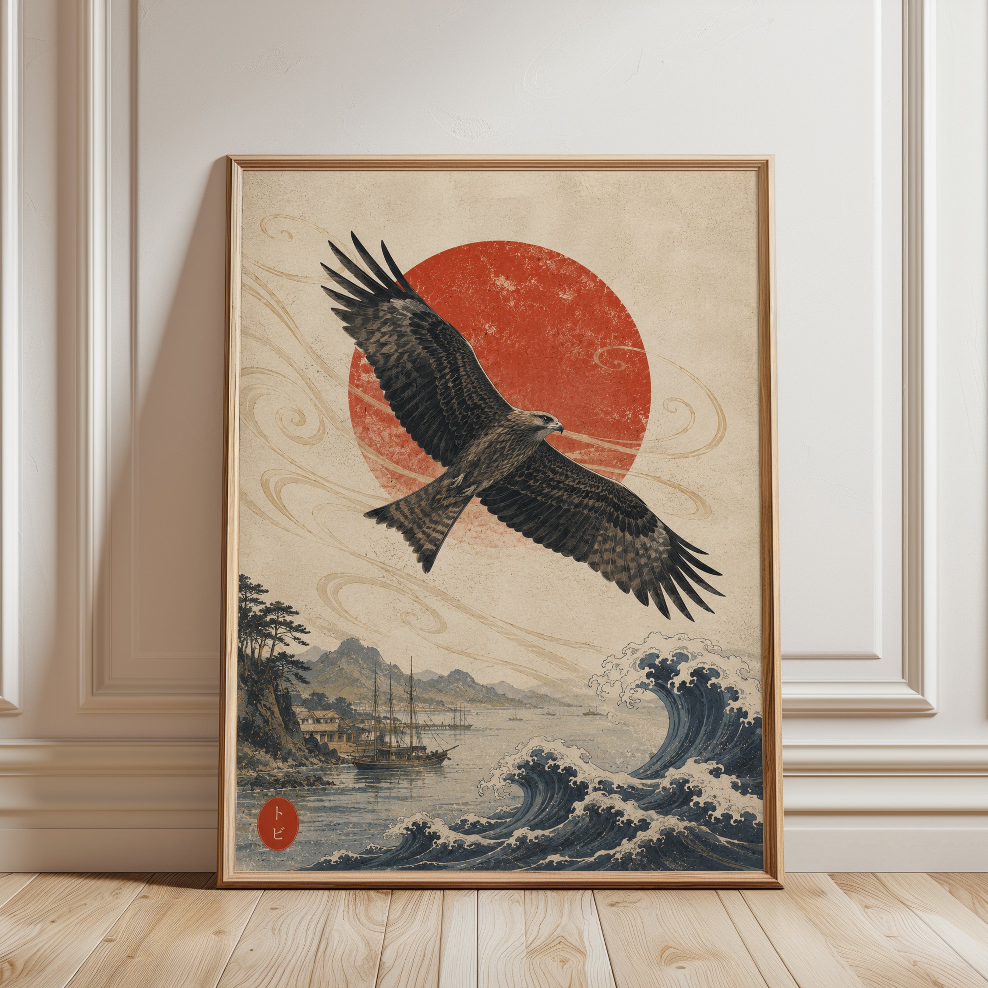 Japanese Hawk Wall Art - framed detail