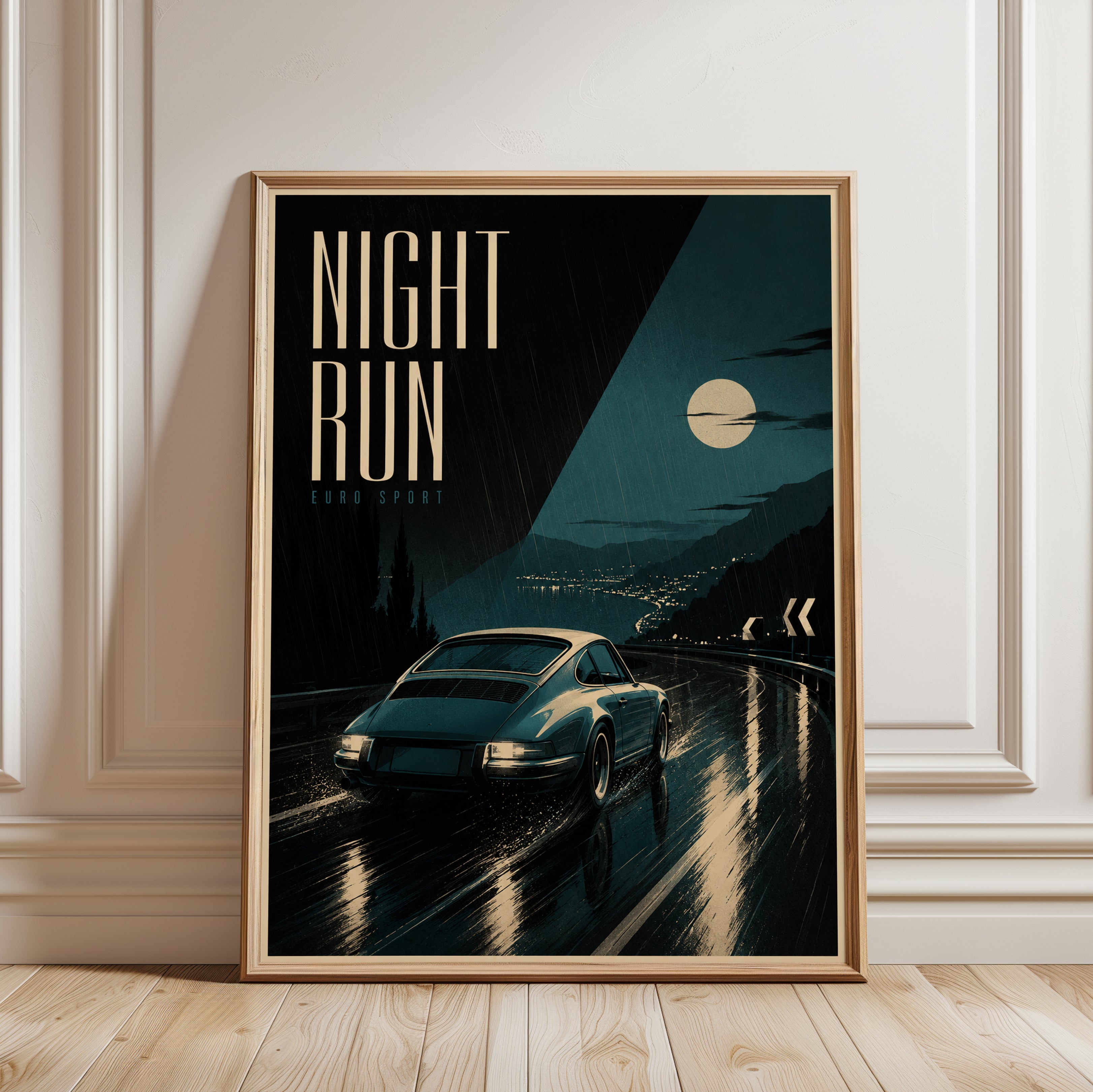 Night Run Sports Car Poster: Retro Racing Art with Teal Moonlight - framed detail