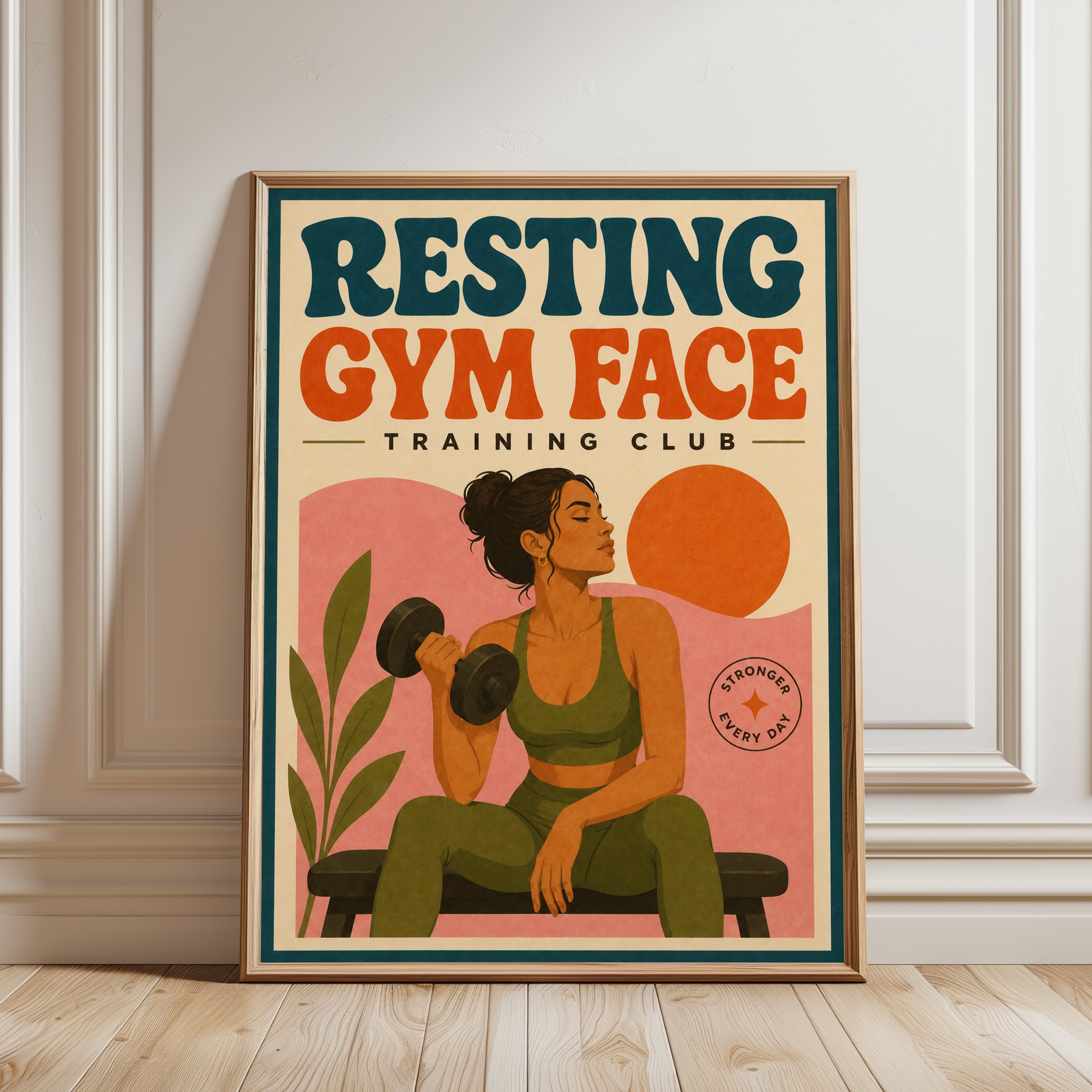 Resting Gym Face Poster: Retro Fitness Training Wall Art - framed detail