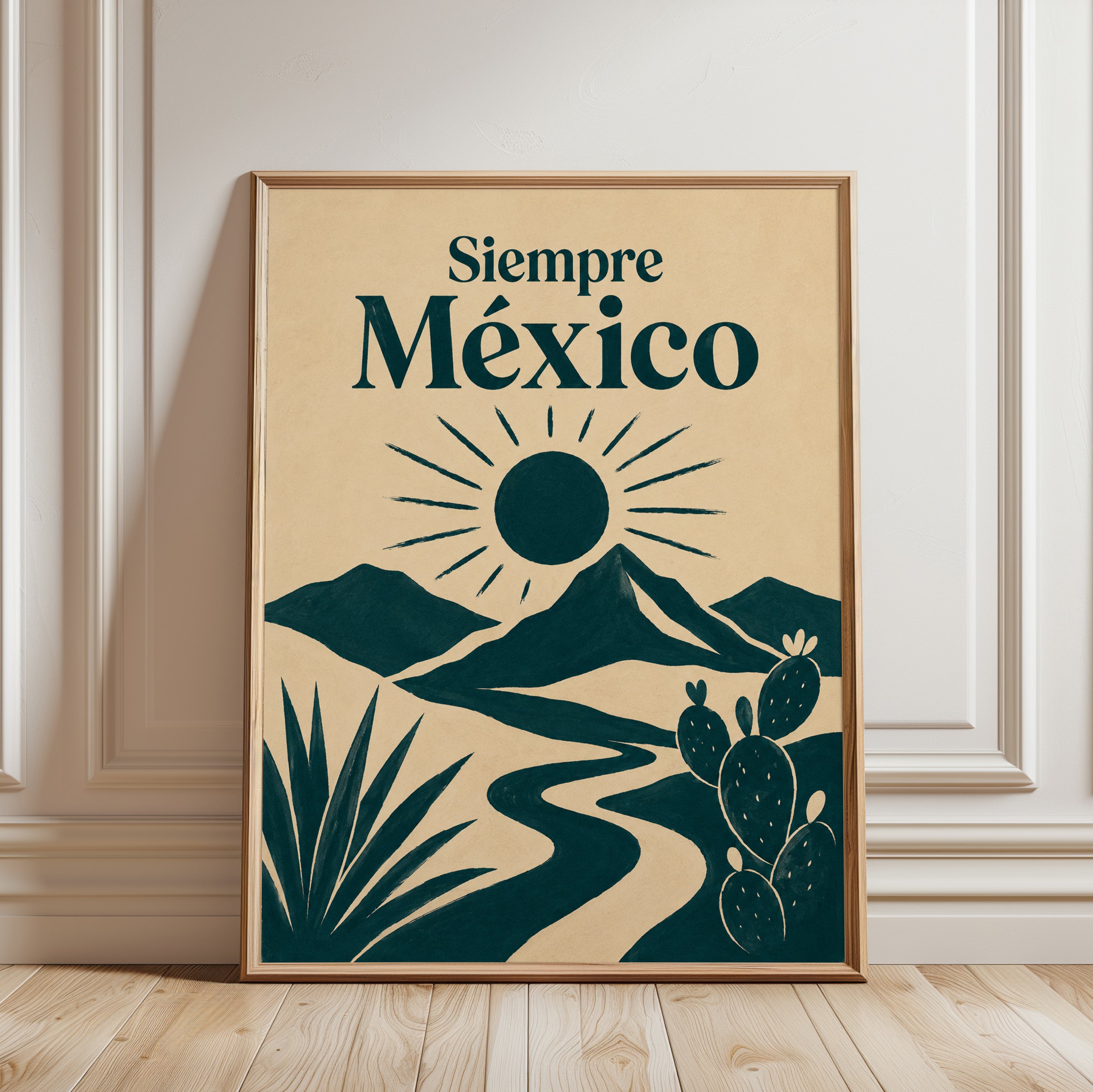 Siempre Mexico Poster: Vintage Desert Landscape with Cactus - framed detail