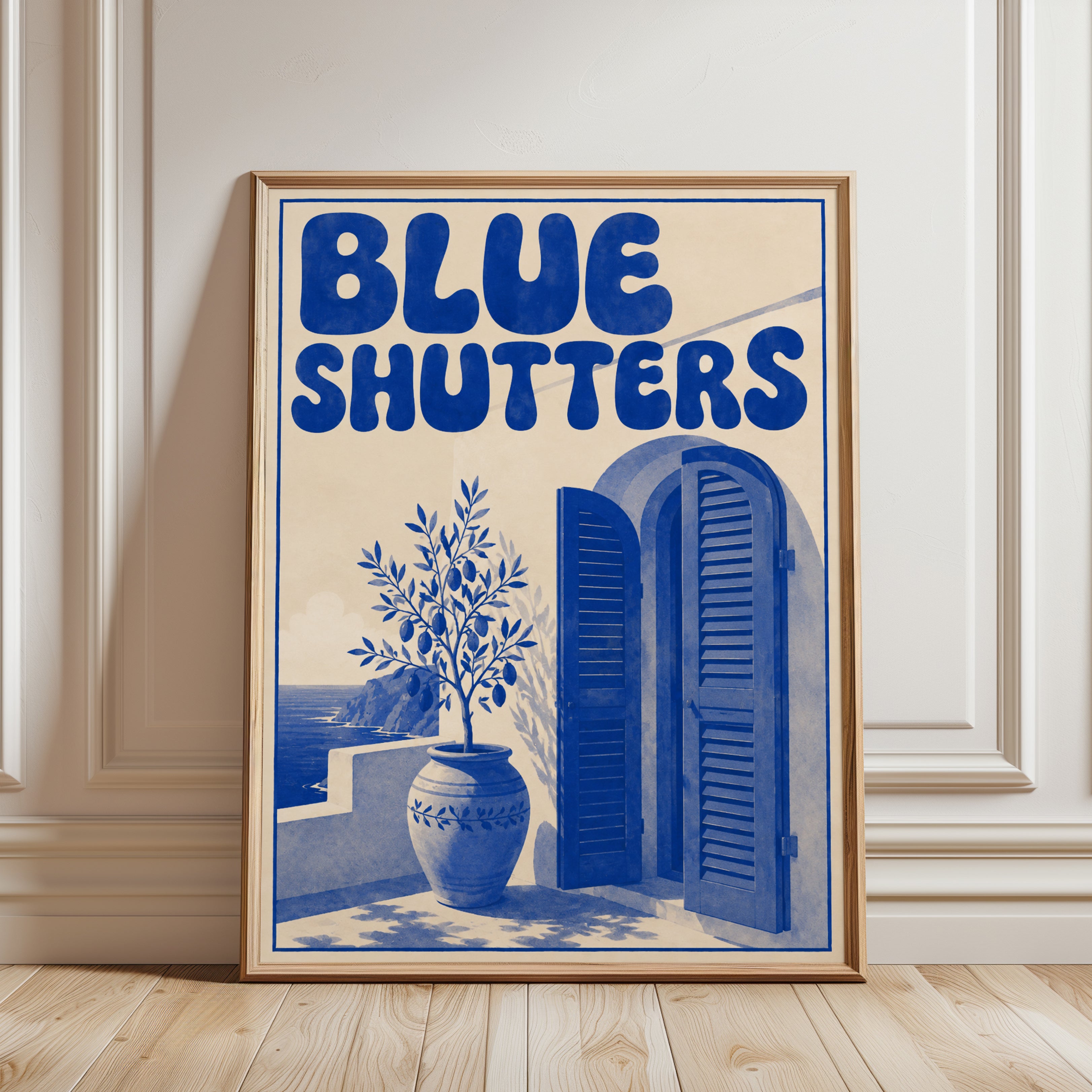 Greek Island Travel Poster: Blue Shutters and Olive Branch - framed detail