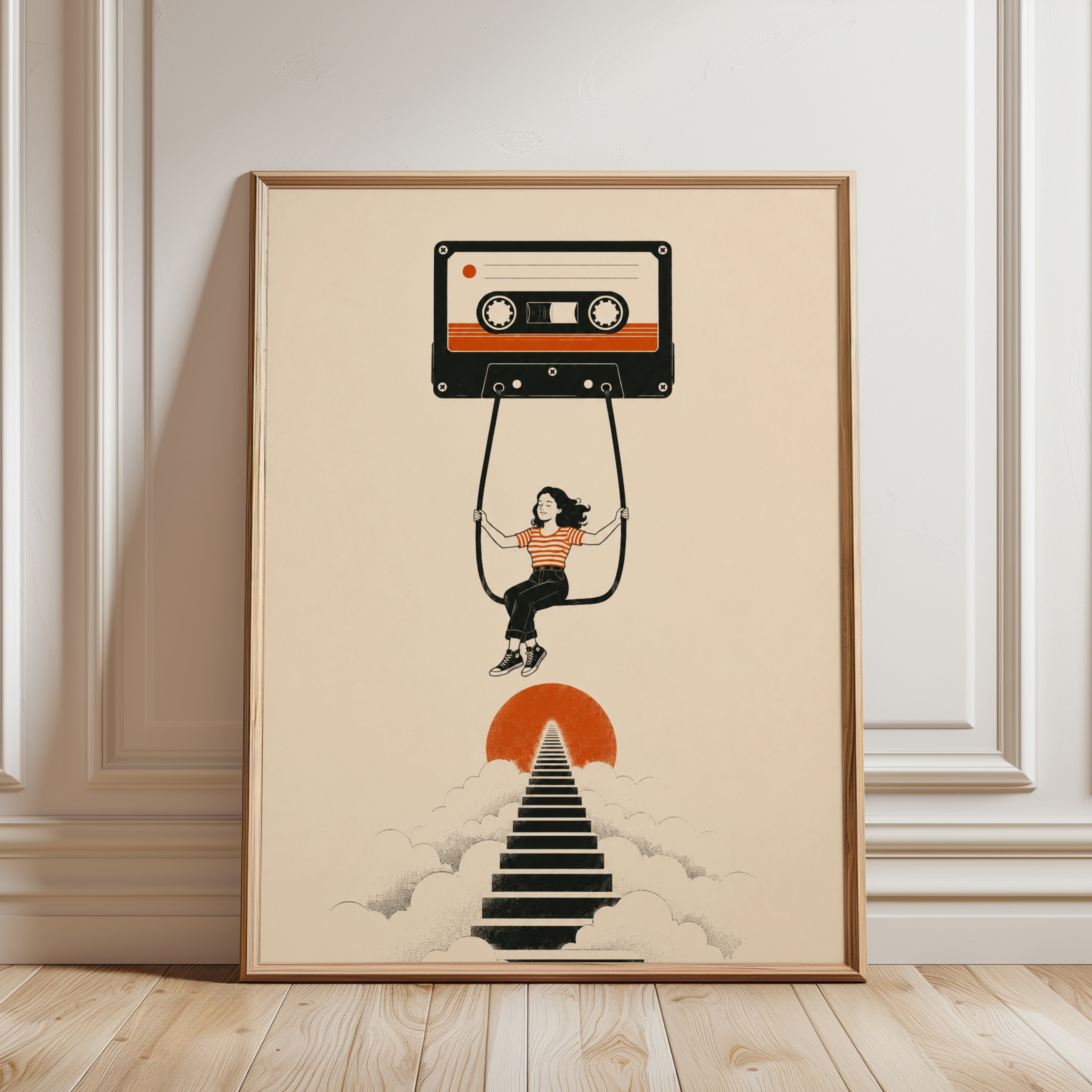 Cassette Tape Art: Nostalgic Music Wall Decor (Orange & Black) - framed detail