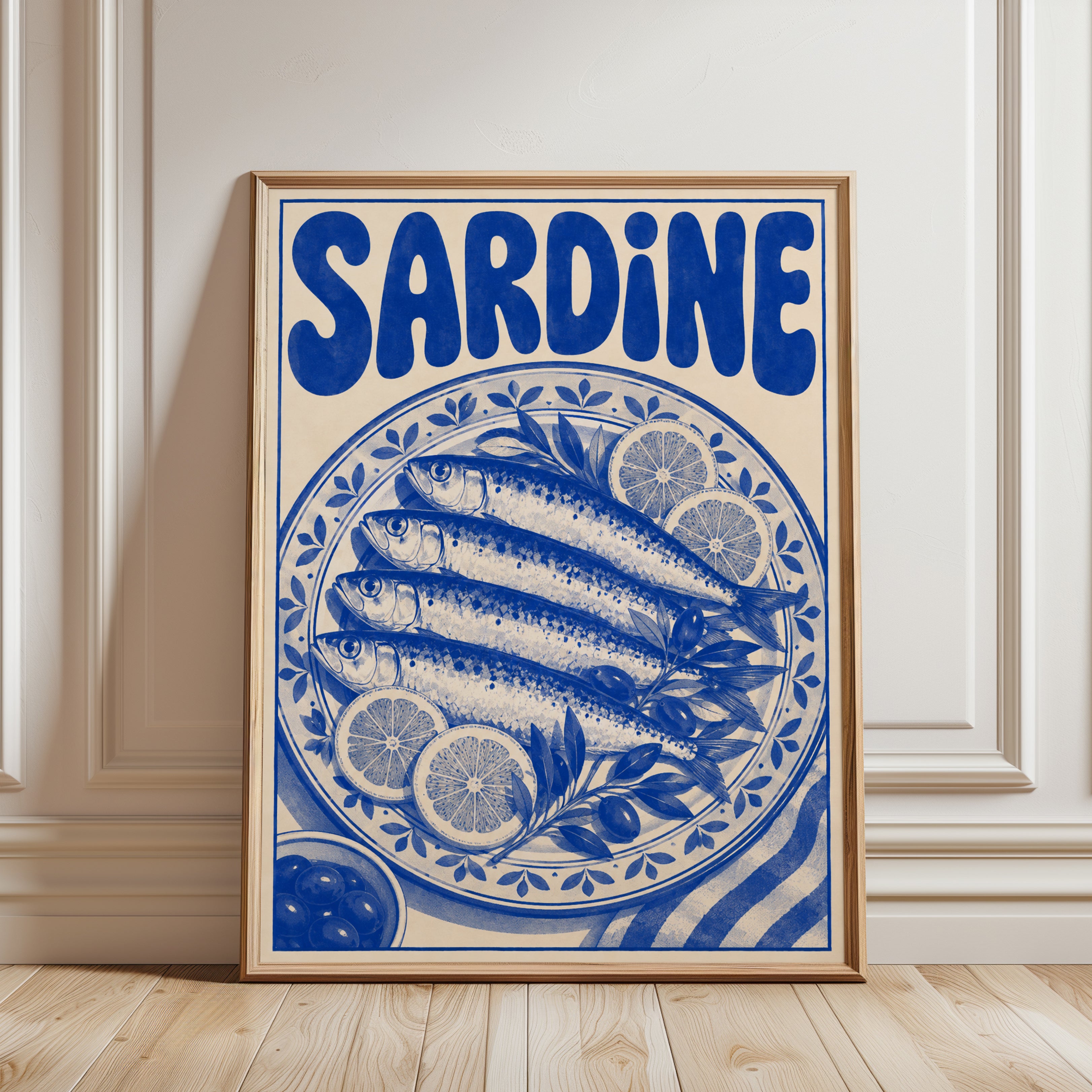 Sardine Art Print: Mediterranean Ceramic Style (Kitchen & Dining Room) - framed detail