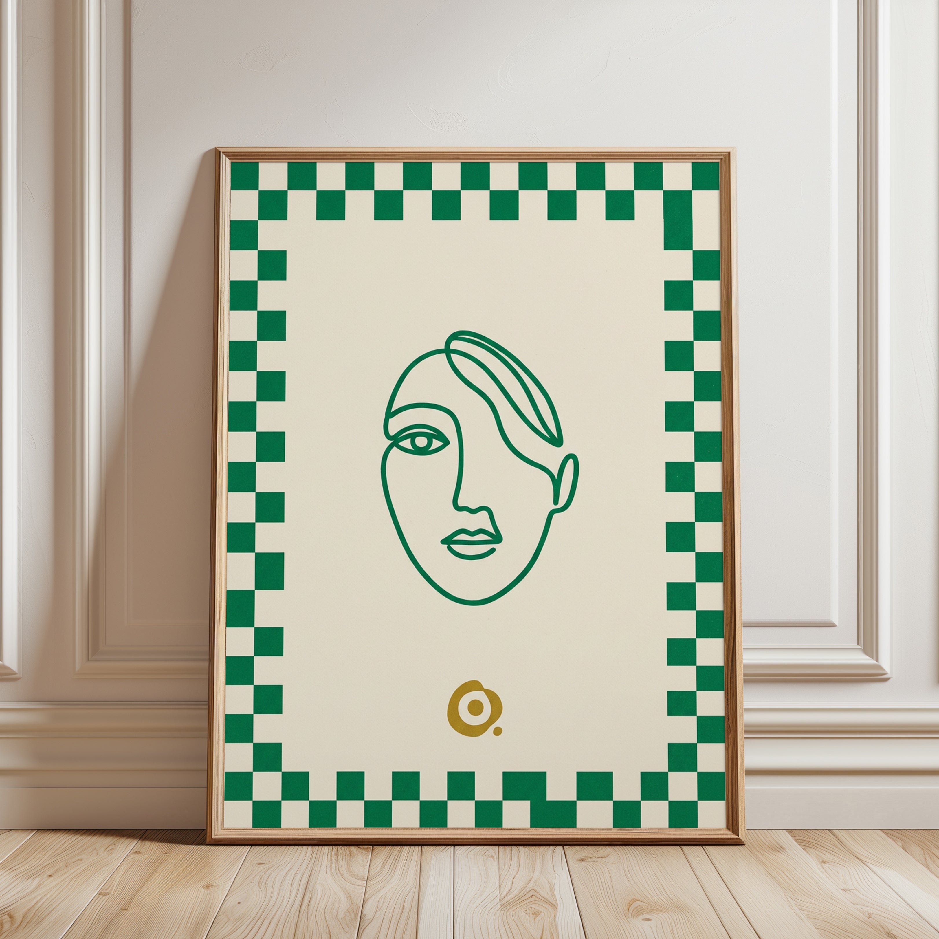 Minimalist Line Art Face Print: Green Geometric Portrait Poster - framed detail
