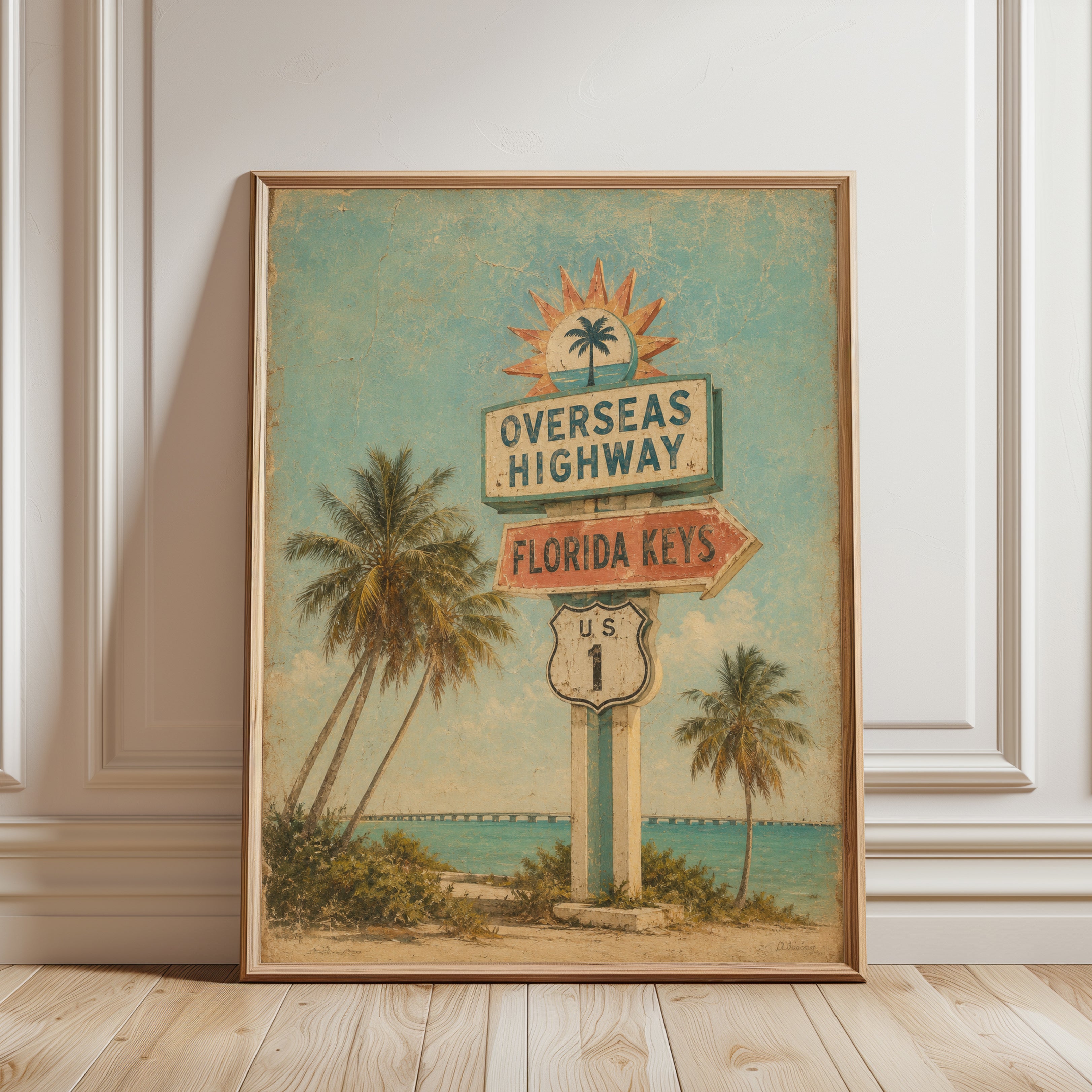 Overseas Highway Florida Keys Sign: Vintage Tropical Poster - framed detail