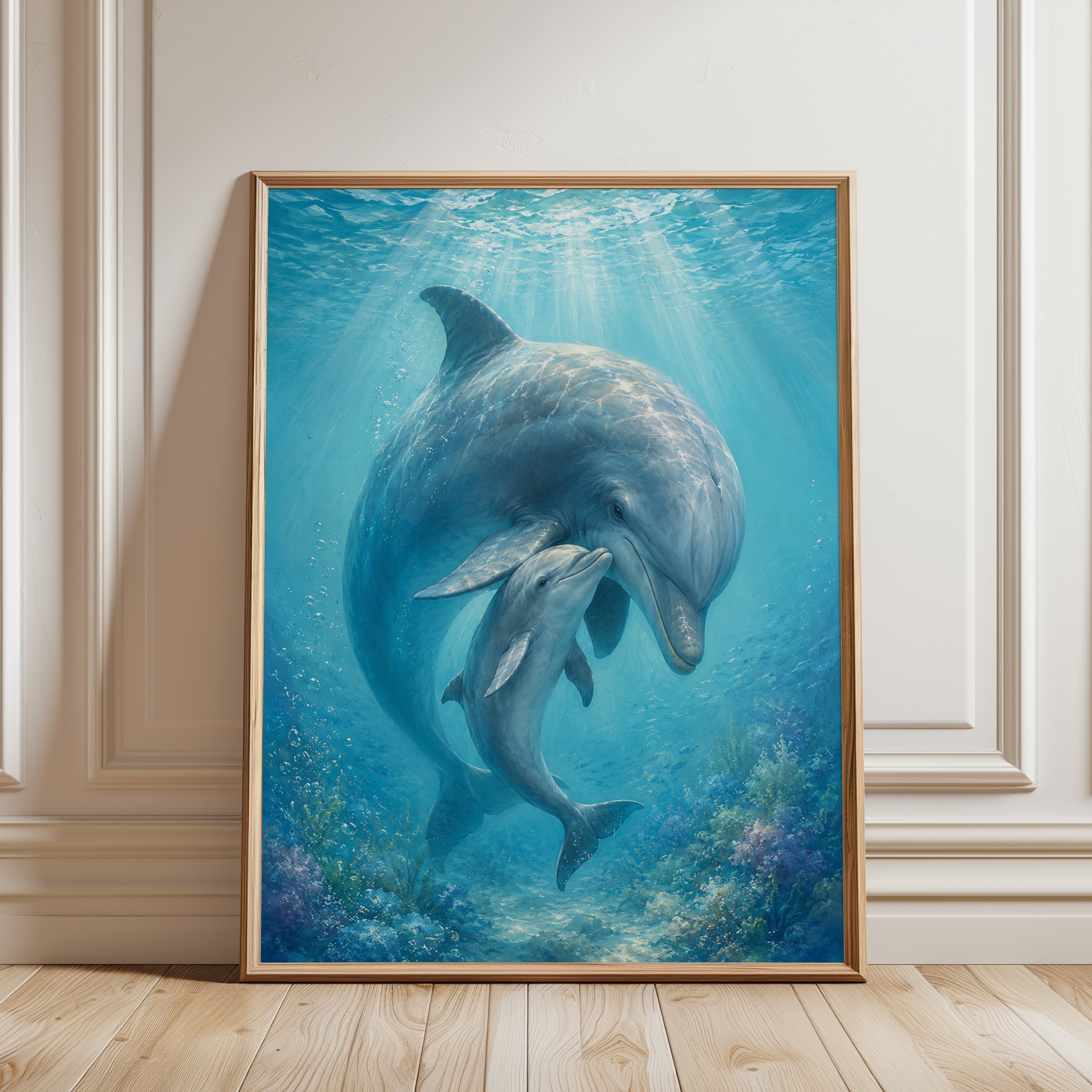 Dolphin Mother and Calf Art Print: Underwater Blue Ocean Scene - framed detail