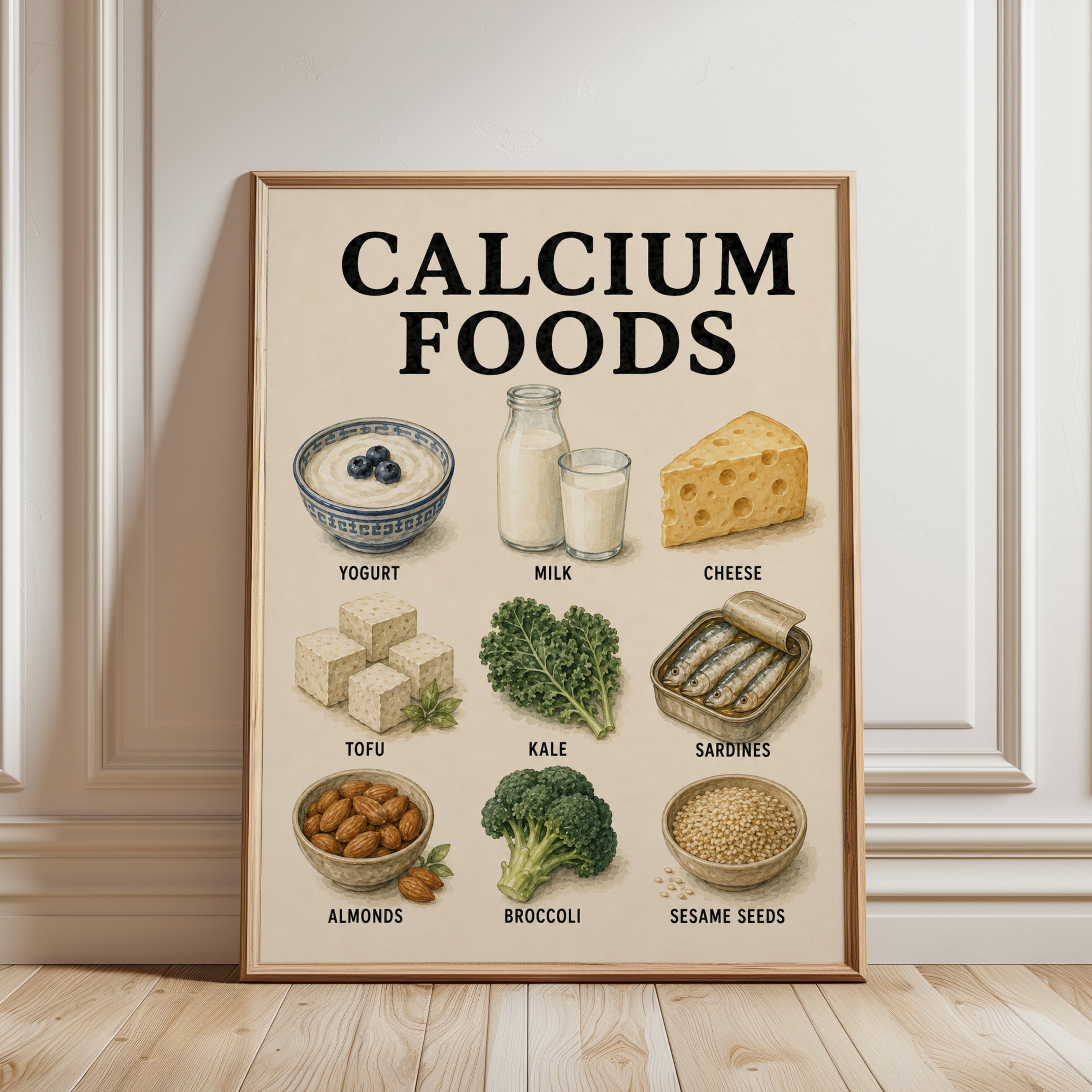 Calcium Rich Foods Poster – Kitchen Wall Art - framed detail