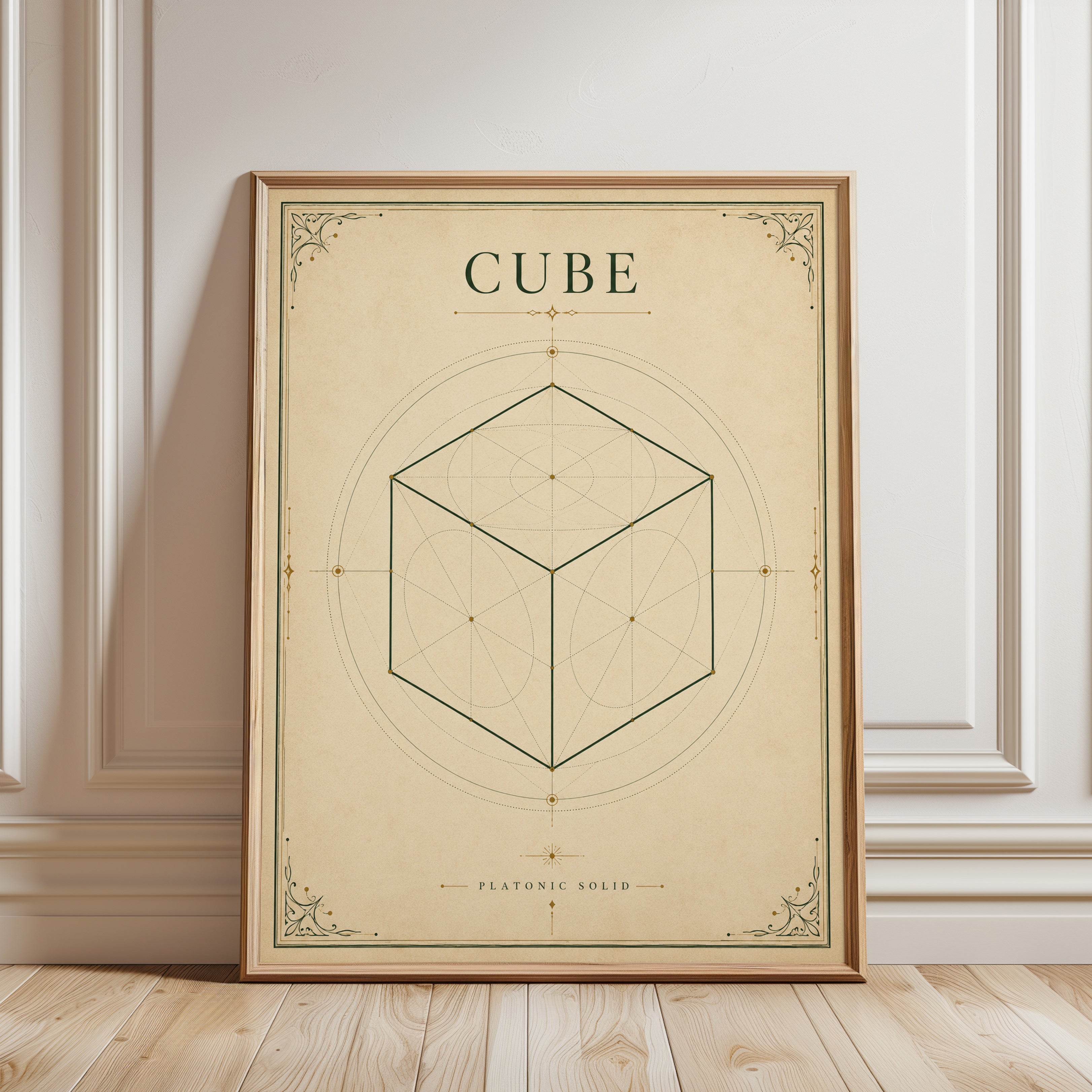 Cube Geometric Print: Vintage Sacred Geometry Art for Study - framed detail