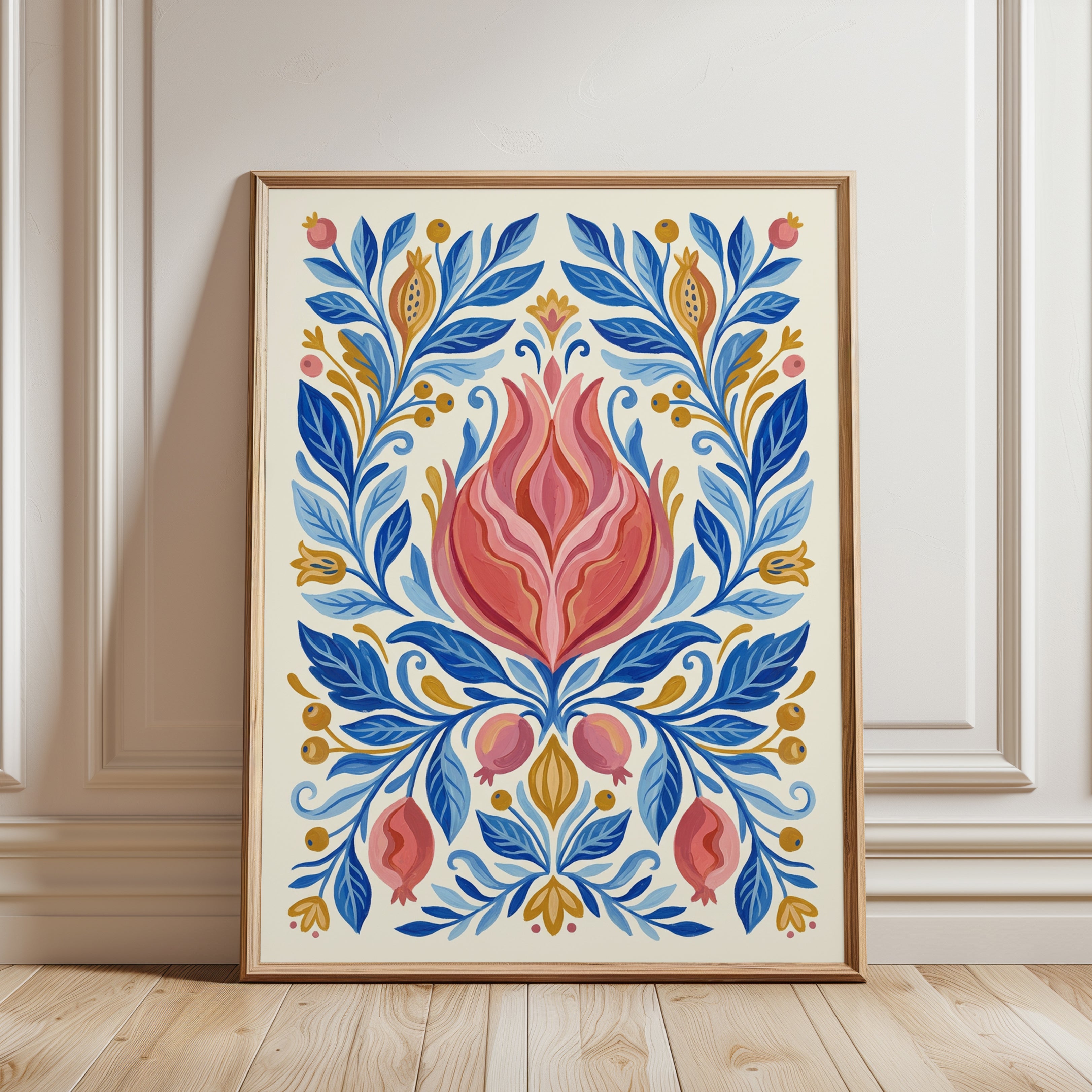 Folk Art Floral Print — Symmetrical Botanical Illustration - framed detail