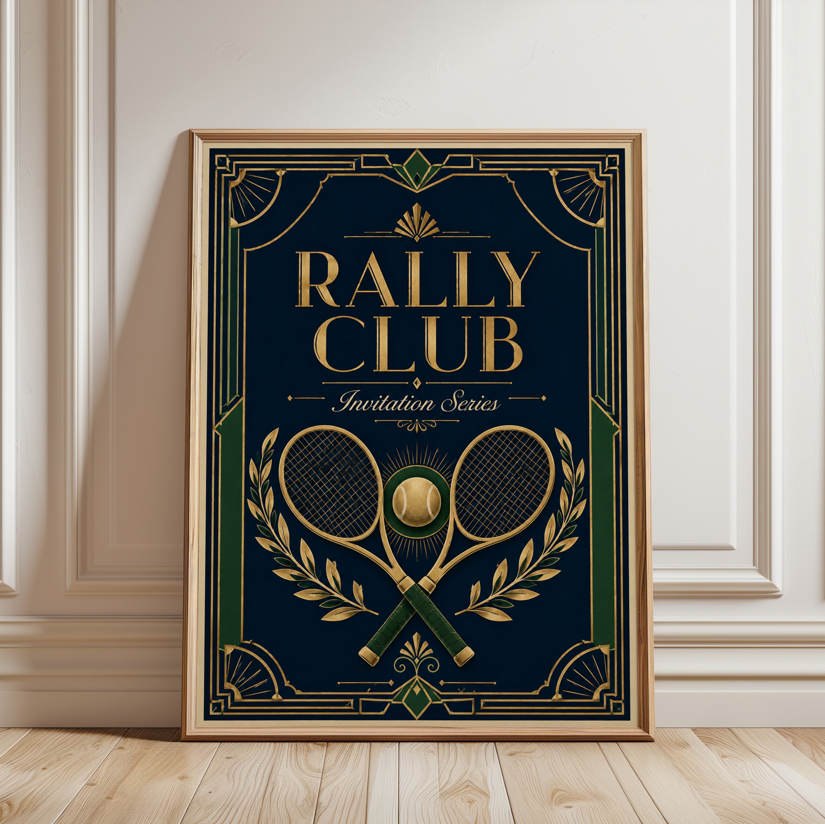 Art Deco Tennis Poster: Navy and Gold Vintage Rally Club Print - framed detail