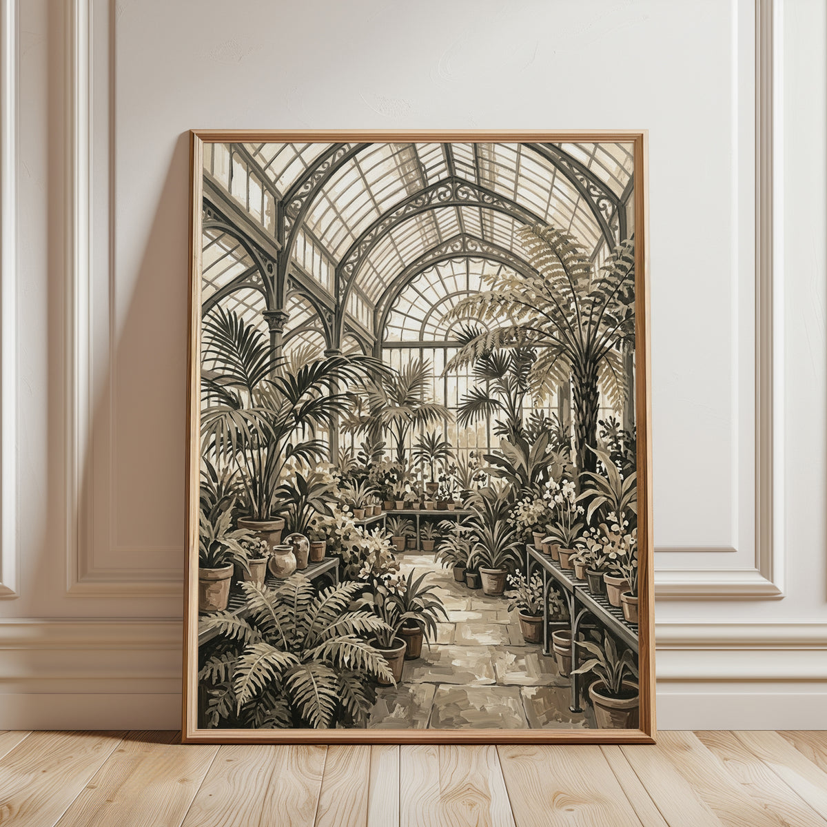 Victorian Conservatory Print: Sepia Botanical Greenhouse Art - framed detail