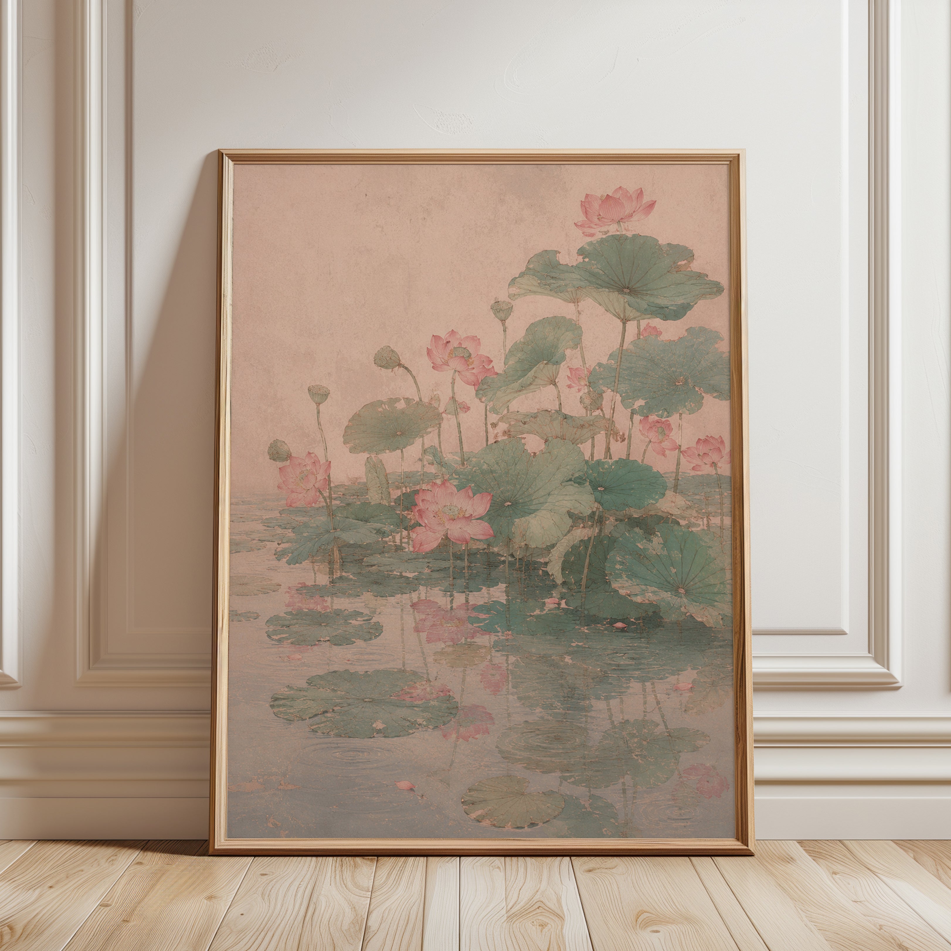 Lotus Flowers and Lily Pads: Traditional Asian Botanical Art Print - framed detail