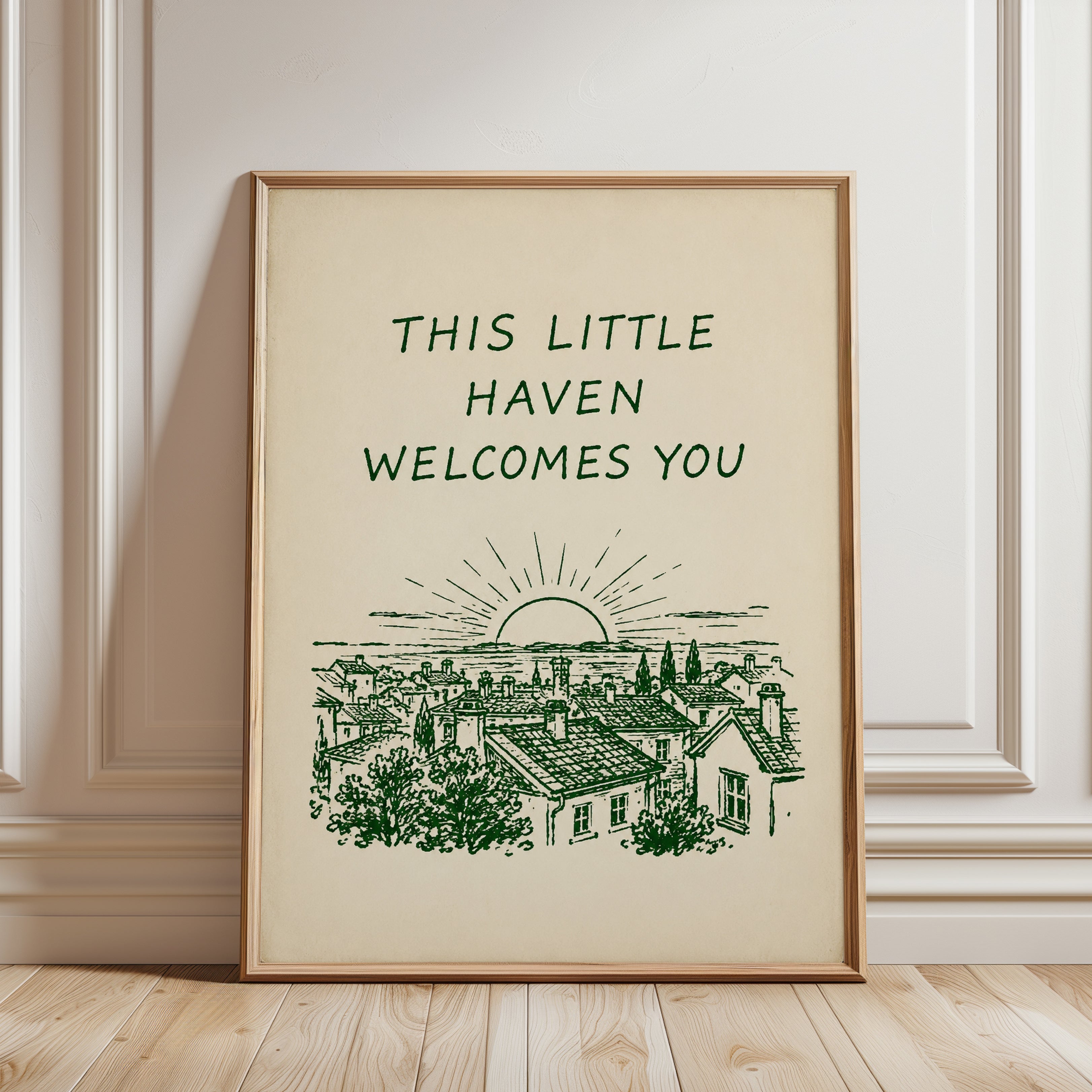 This Little Haven Welcomes You: Vintage Village Sunset Print - framed detail