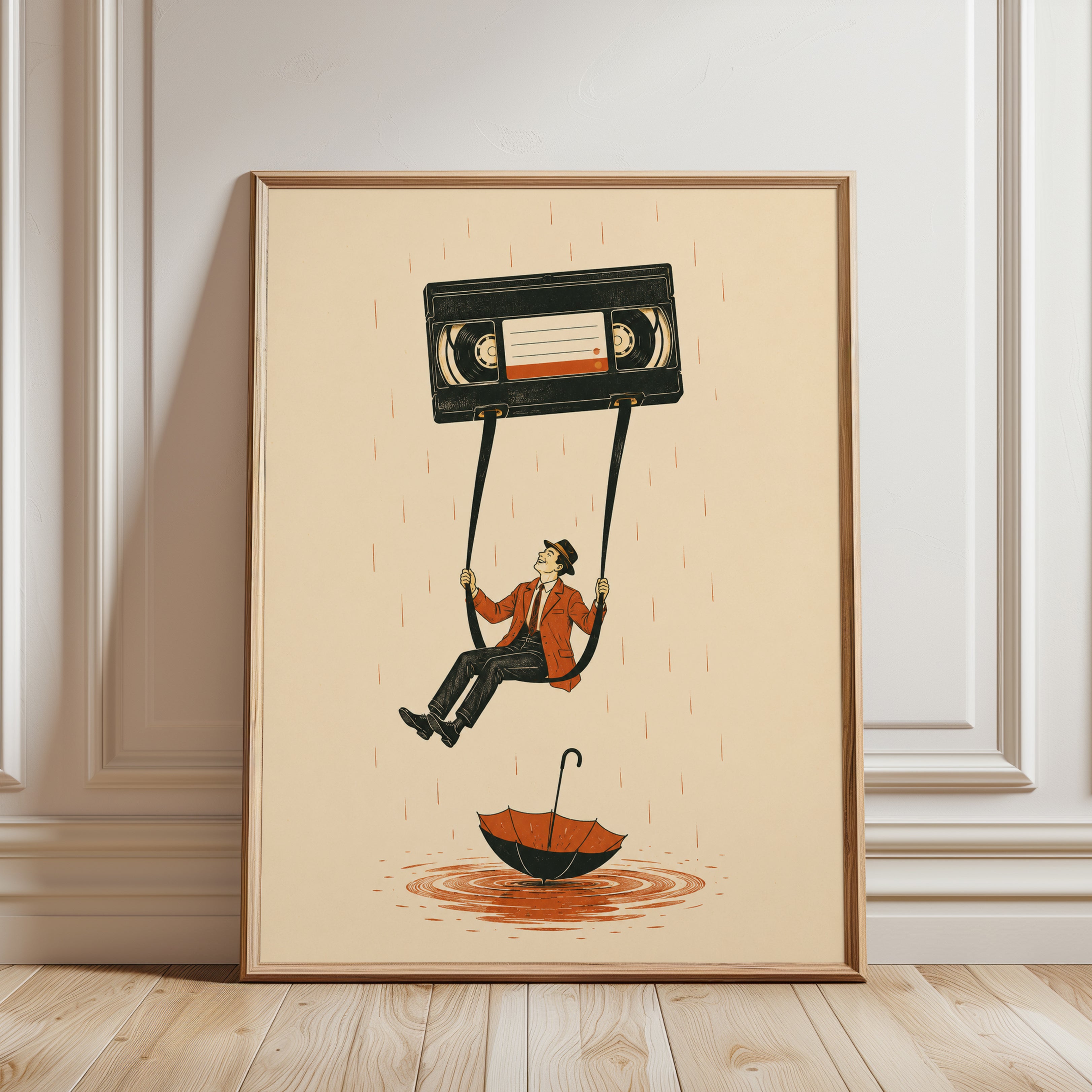Nostalgic VHS Tape Print: Retro Swing Illustration in Warm Tones - framed detail
