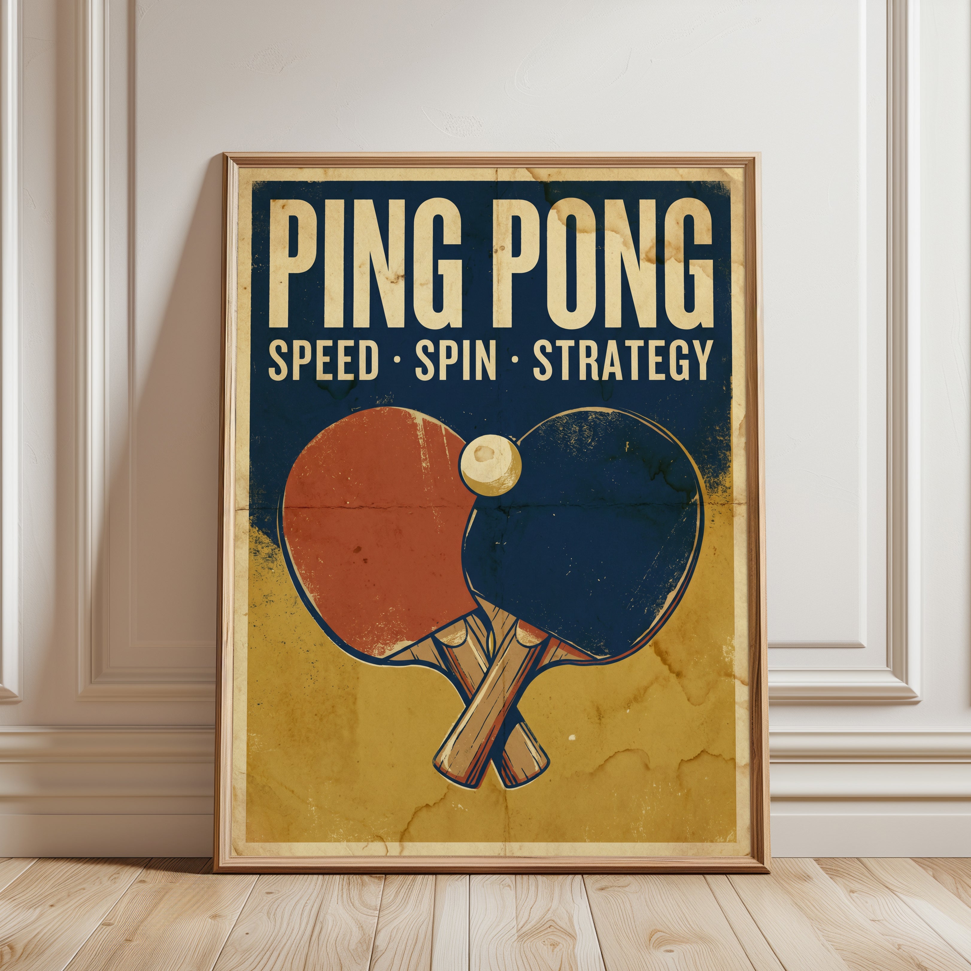 Ping Pong Poster: Vintage Sports Art in Navy and Orange - framed detail