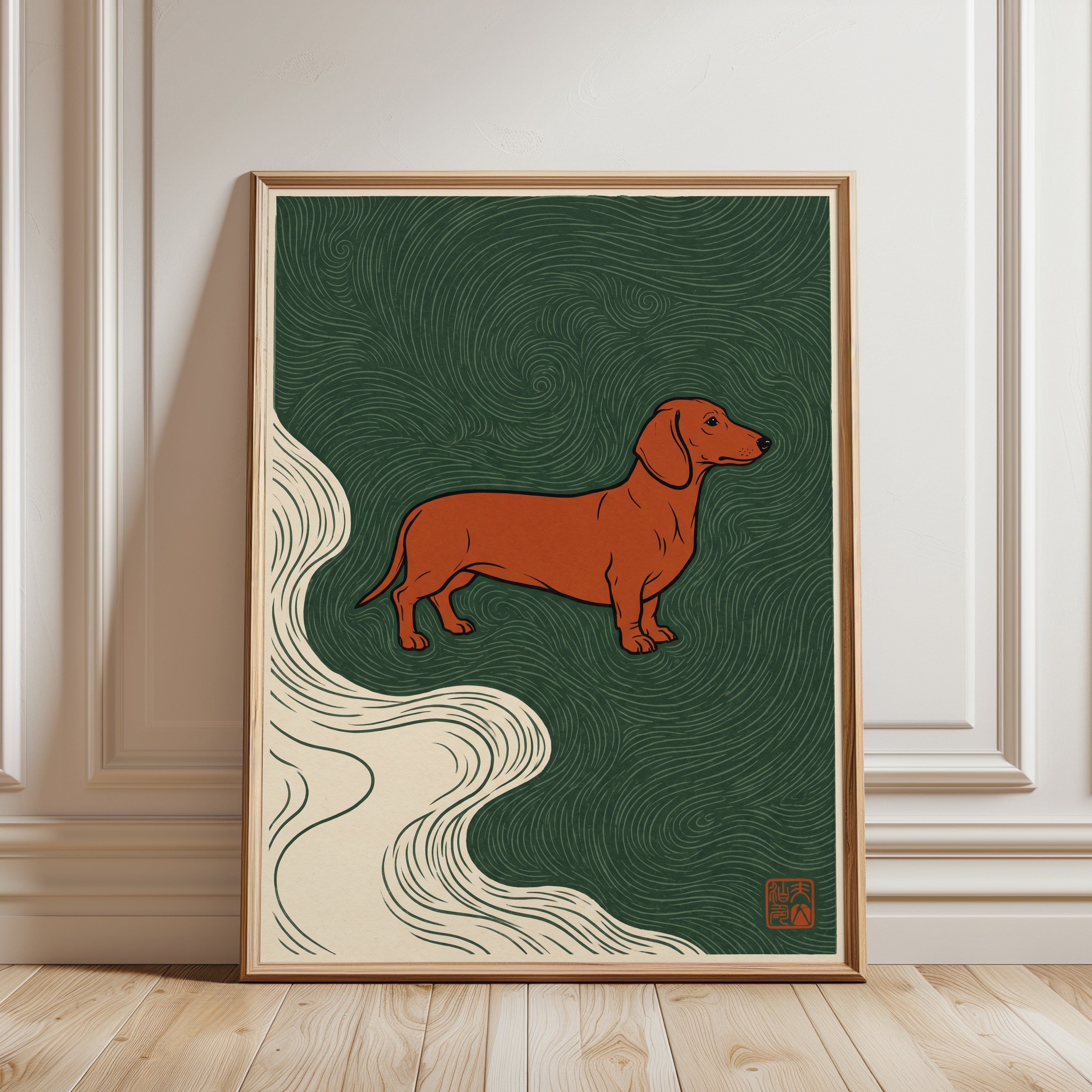 Dachshund Wall Art: Japanese Woodblock Style - framed detail